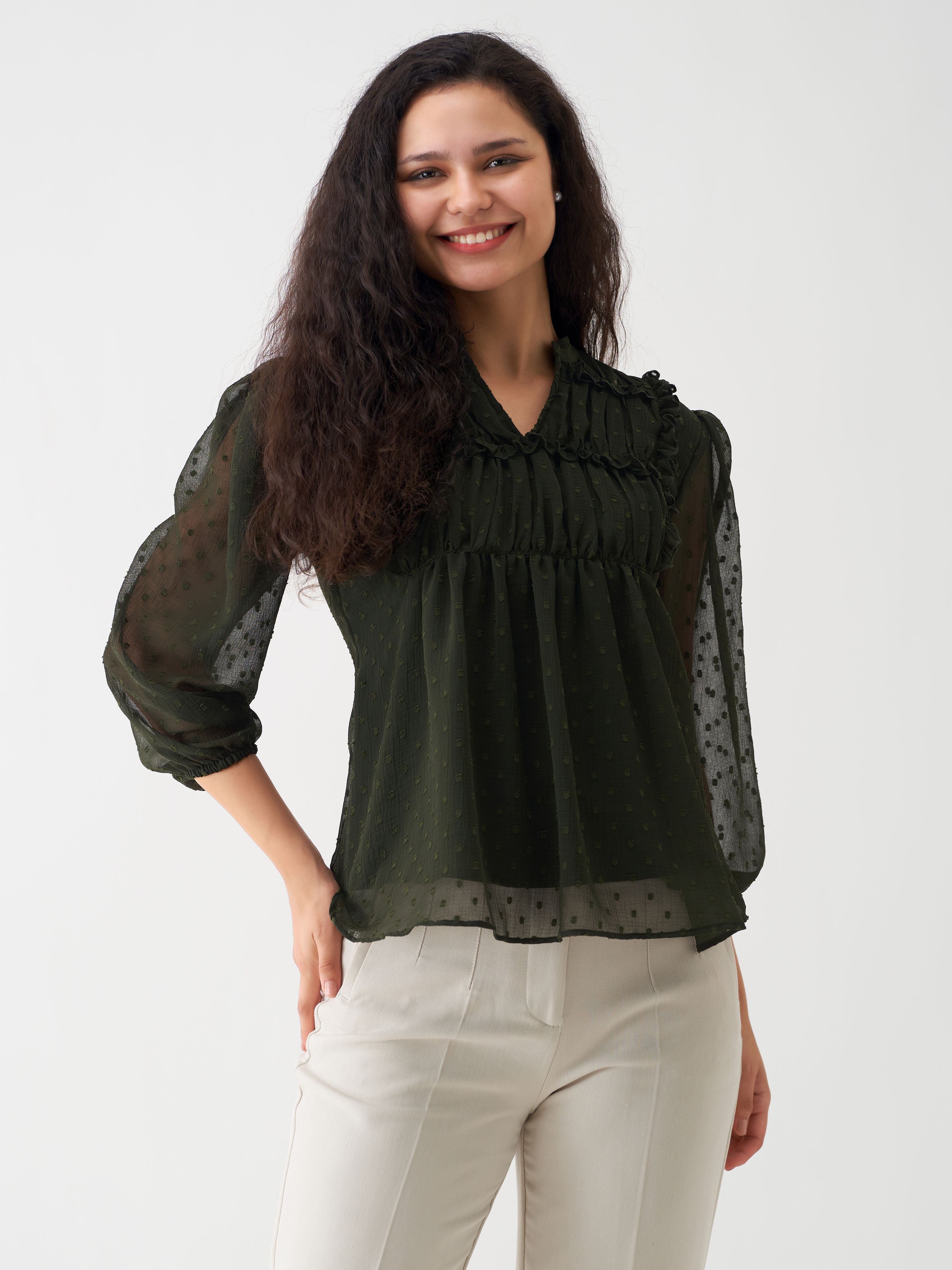 Dark Green Chiffon Swiss Dot V-Neck Tunic Top