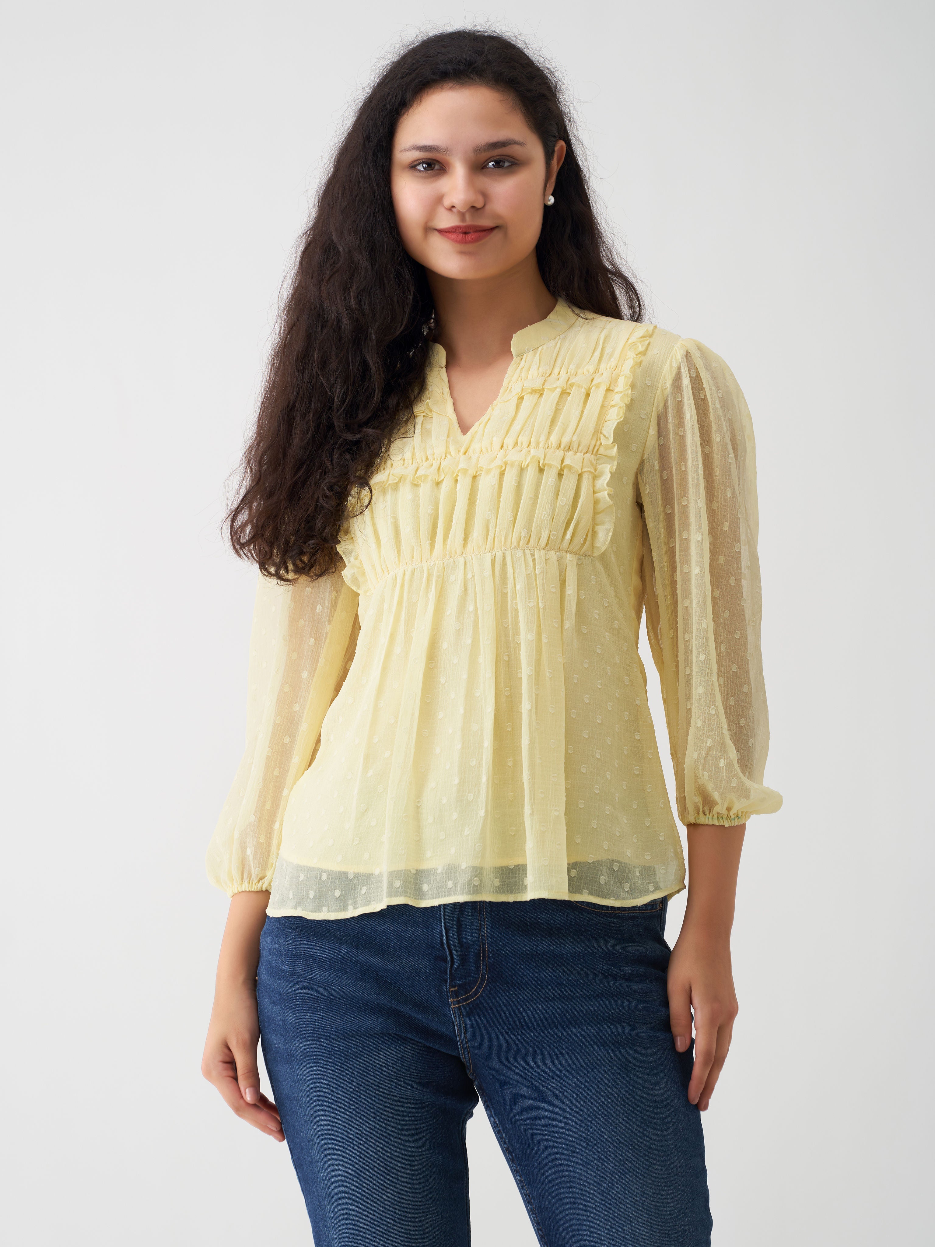 Light Yellow Chiffon Swiss Dot V-Neck Tunic Top