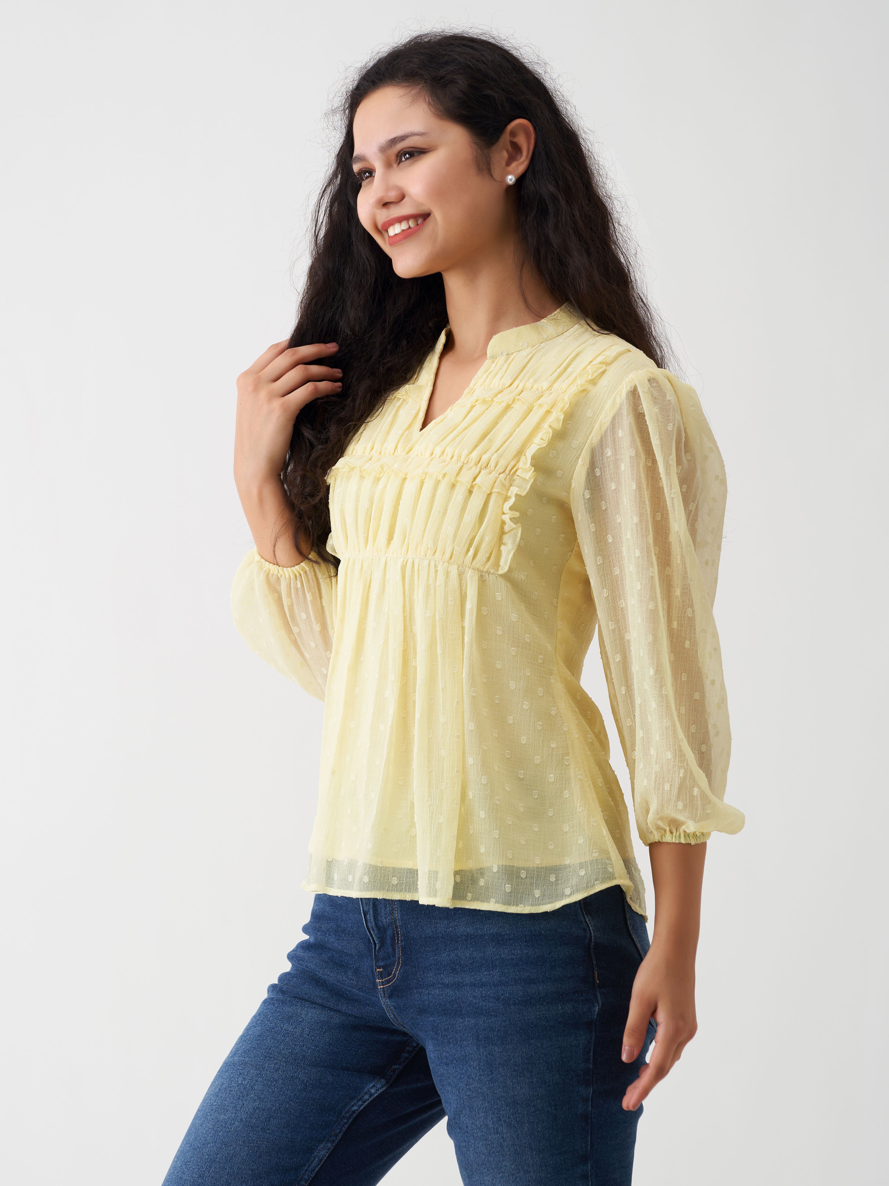 Light Yellow Chiffon Swiss Dot V-Neck Tunic Top