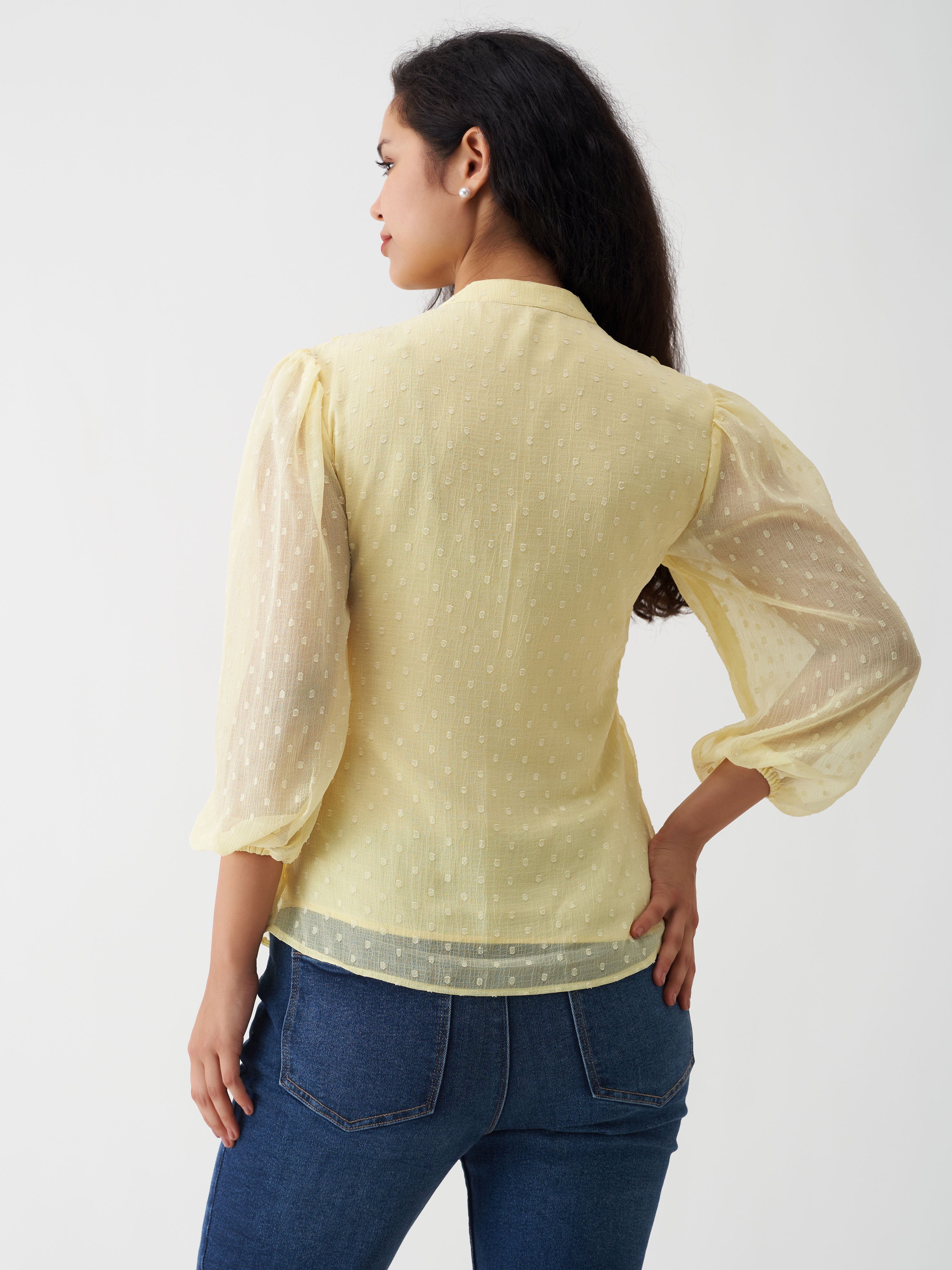 Light Yellow Chiffon Swiss Dot V-Neck Tunic Top