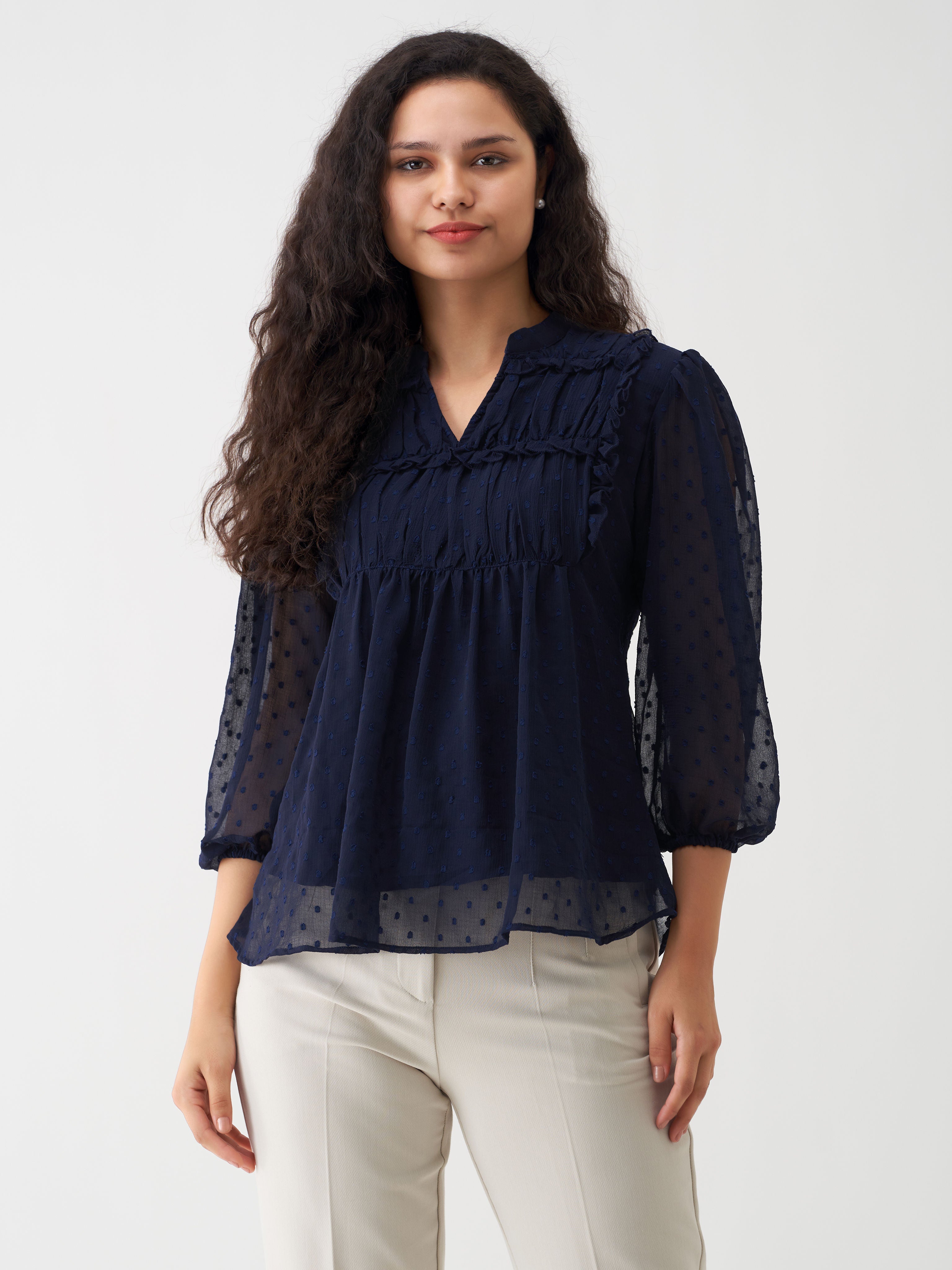 Dark Blue Chiffon Swiss Dot V-Neck Tunic Top