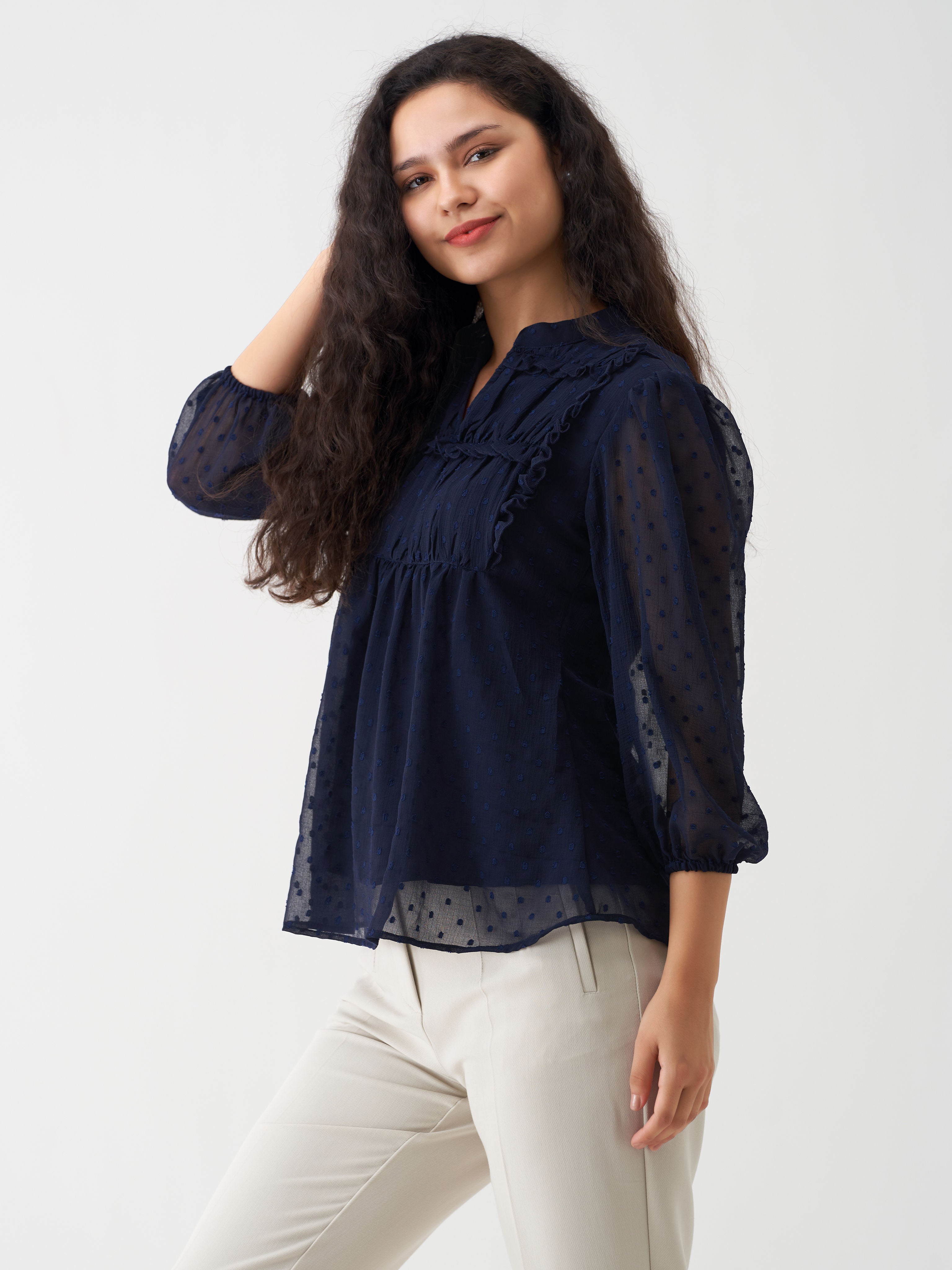 Dark Blue Chiffon Swiss Dot V-Neck Tunic Top