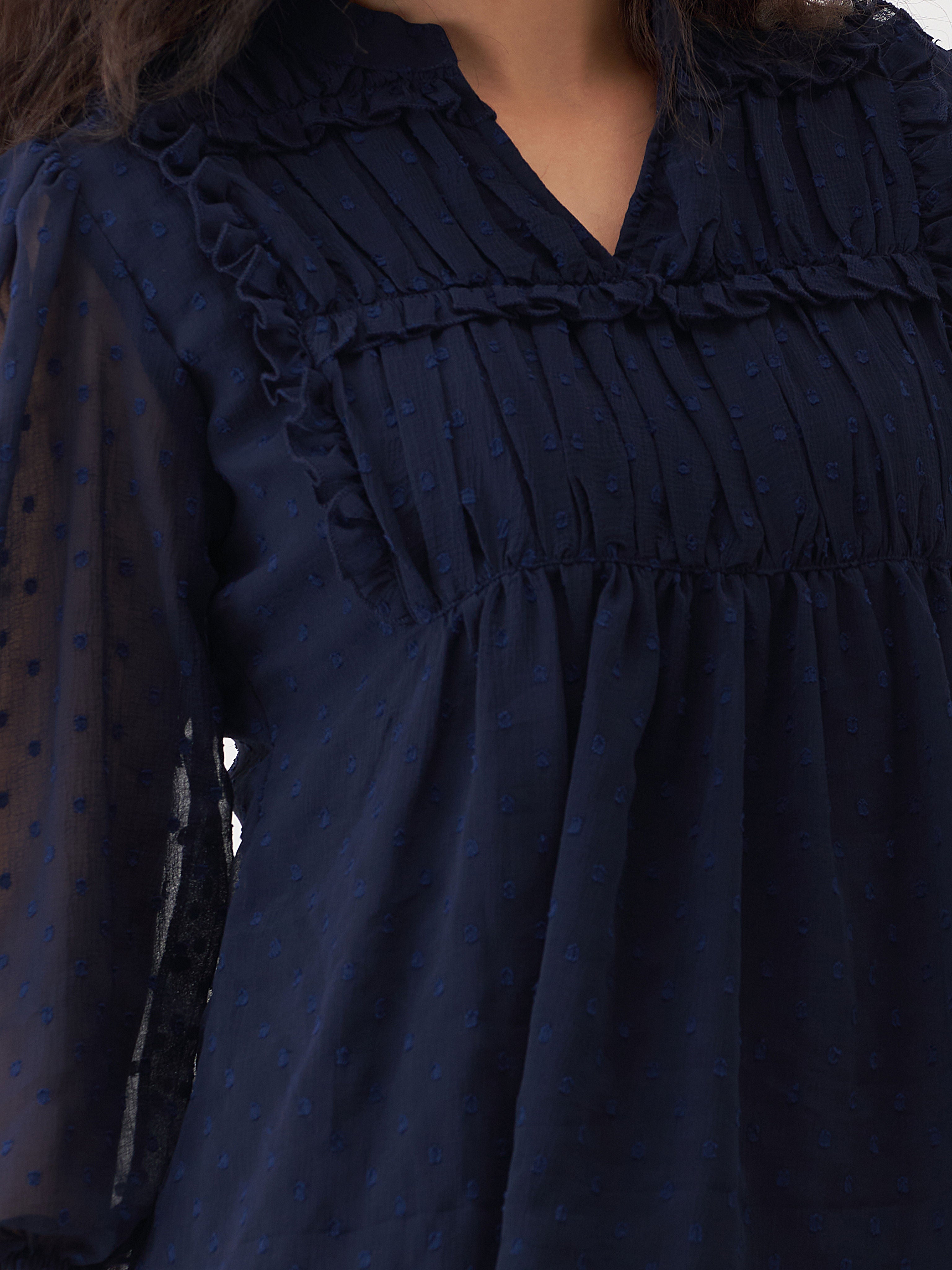 Dark Blue Chiffon Swiss Dot V-Neck Tunic Top