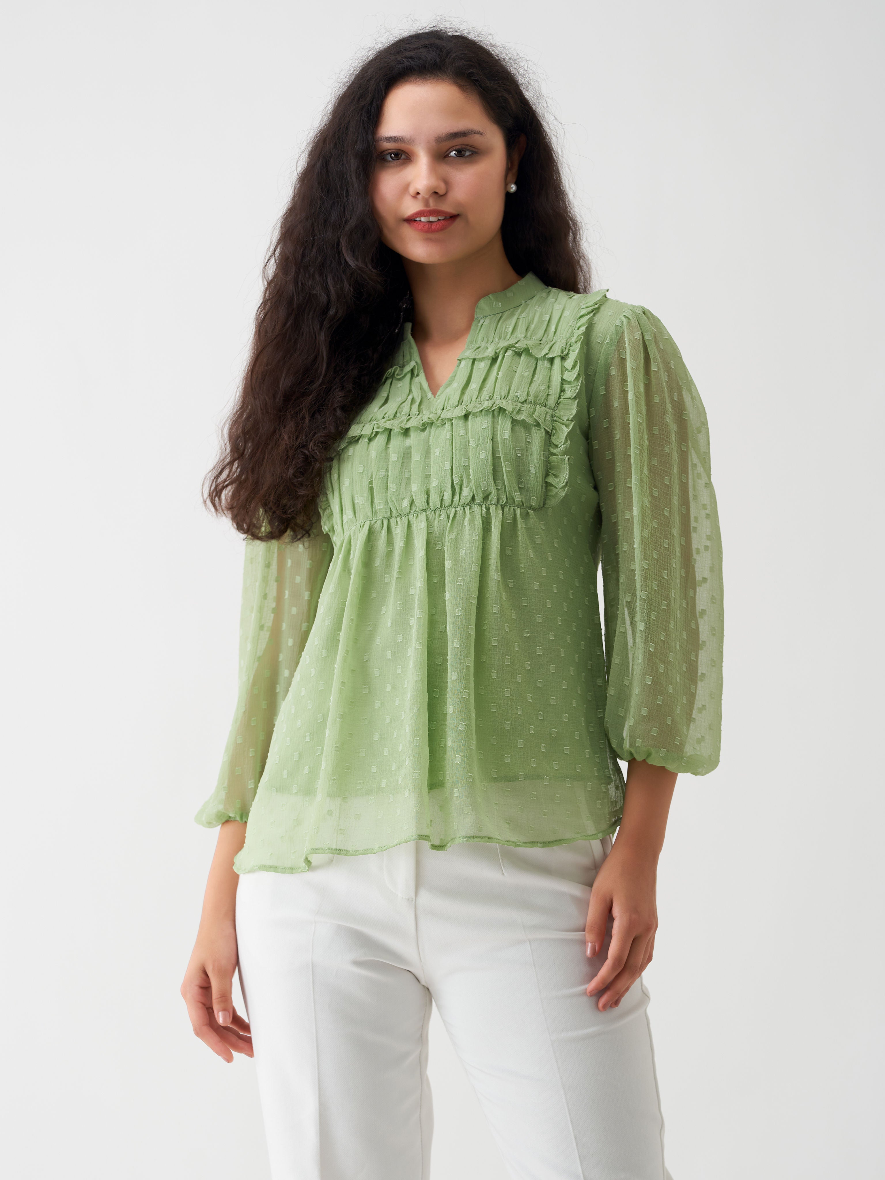 Green Mist Chiffon Swiss Dot V-Neck Tunic Top