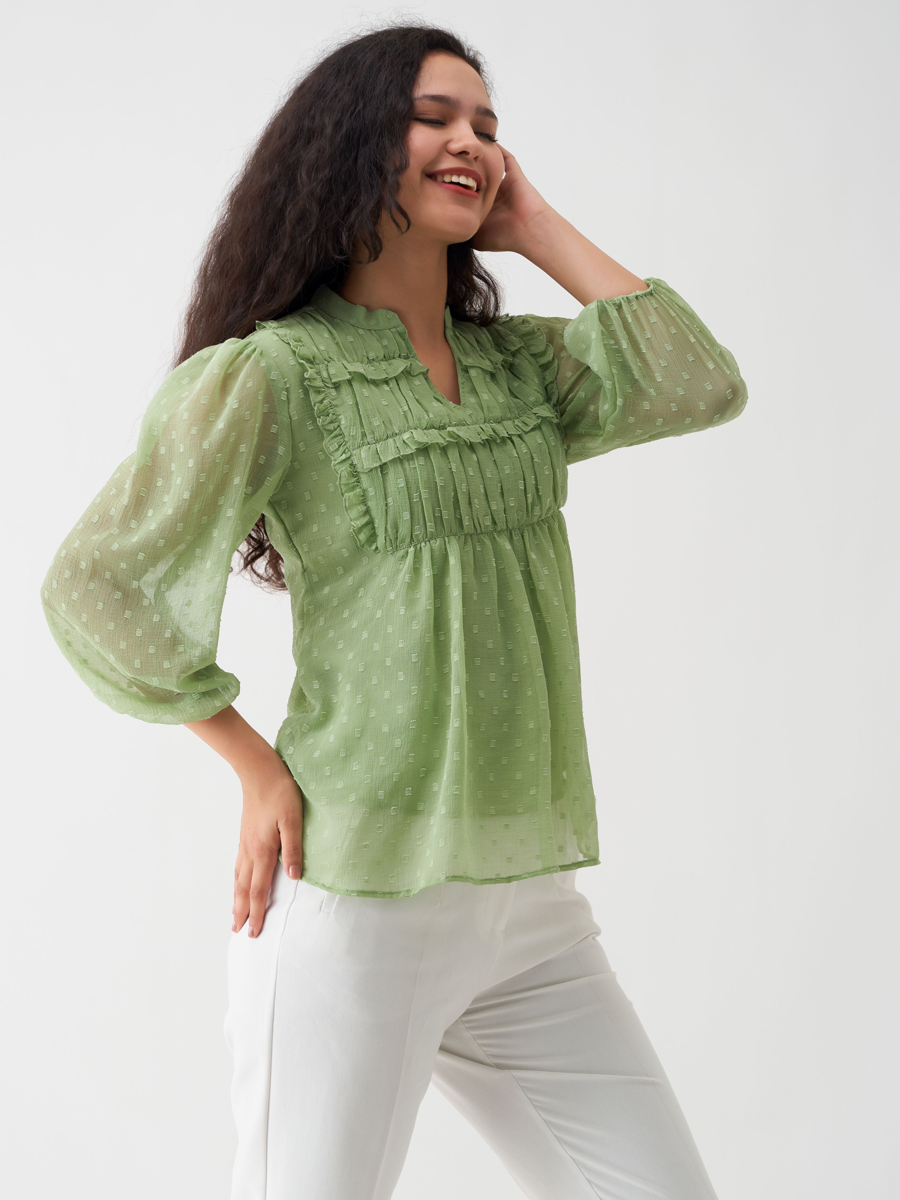 Green Mist Chiffon Swiss Dot V-Neck Tunic Top