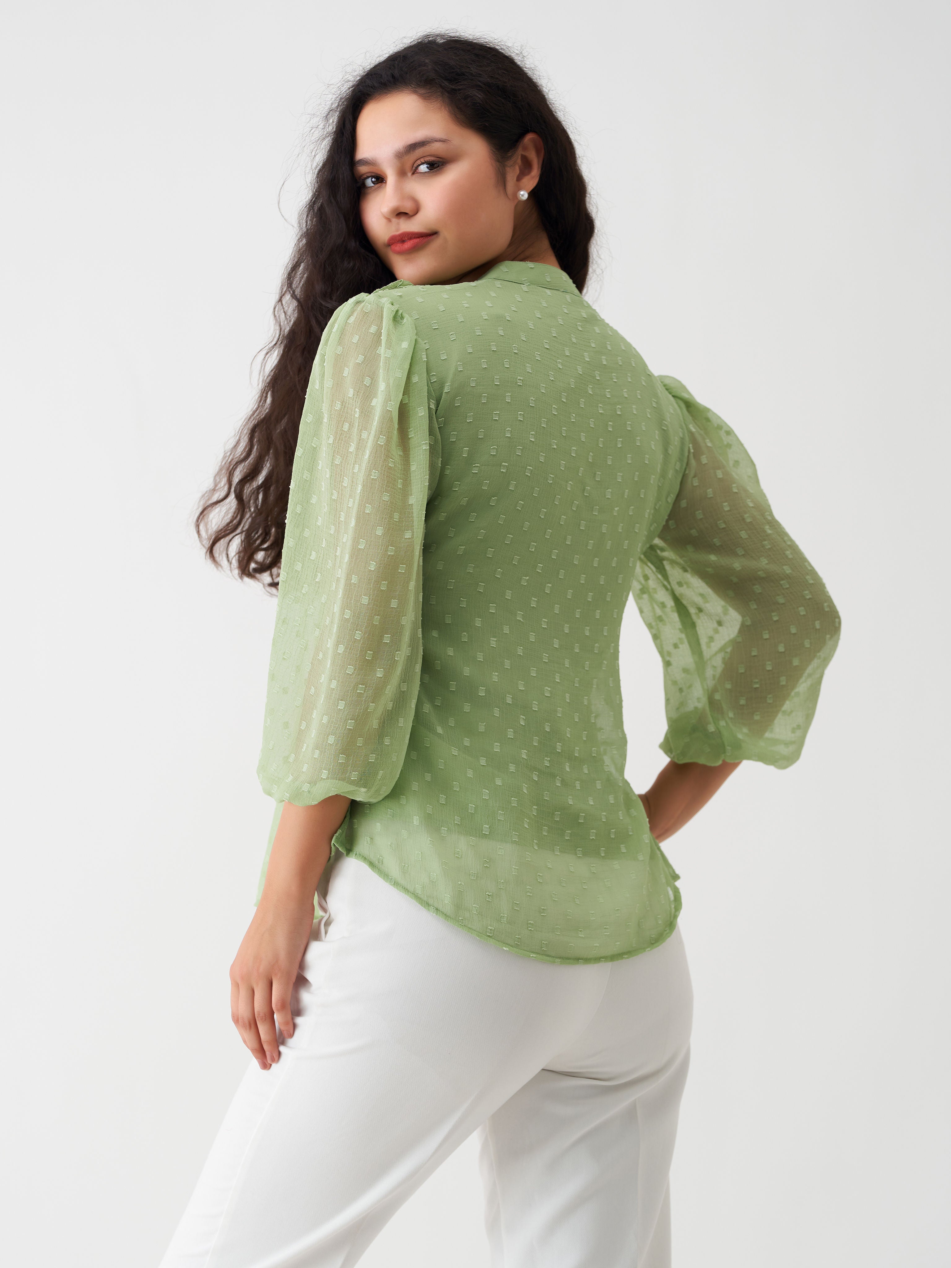 Green Mist Chiffon Swiss Dot V-Neck Tunic Top