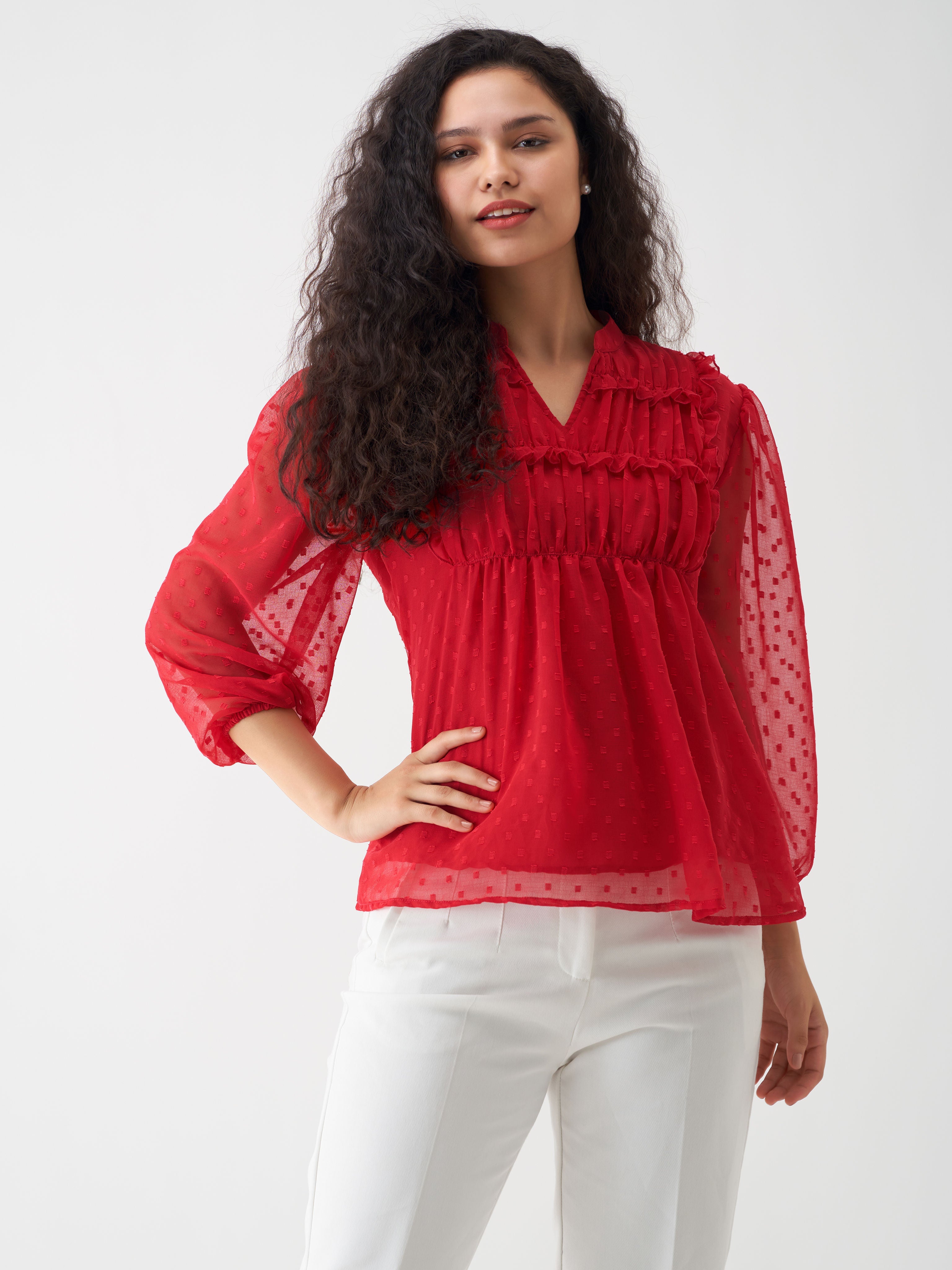 Lipstick Red Chiffon Swiss Dot V-Neck Tunic Top