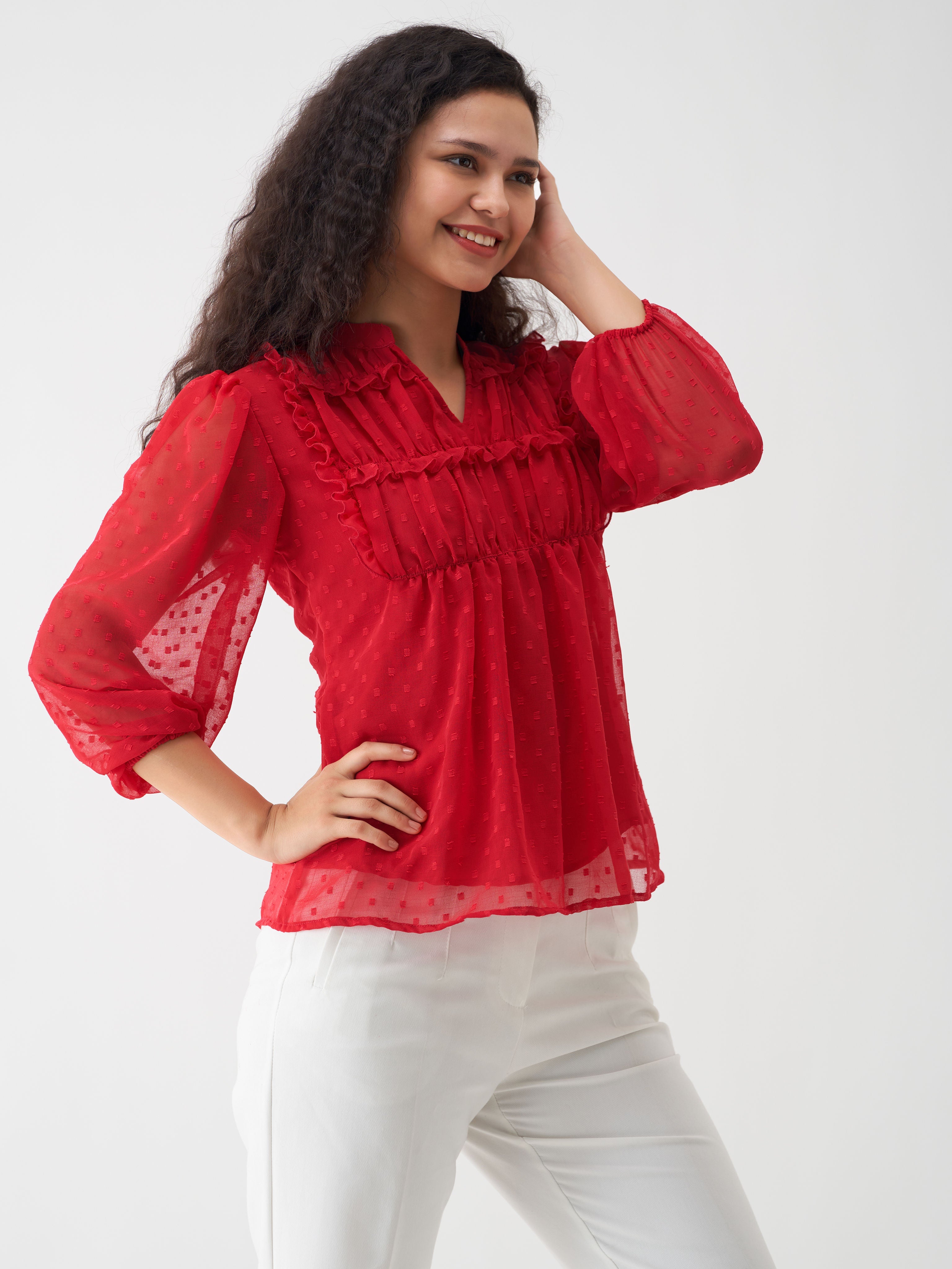 Lipstick Red Chiffon Swiss Dot V-Neck Tunic Top