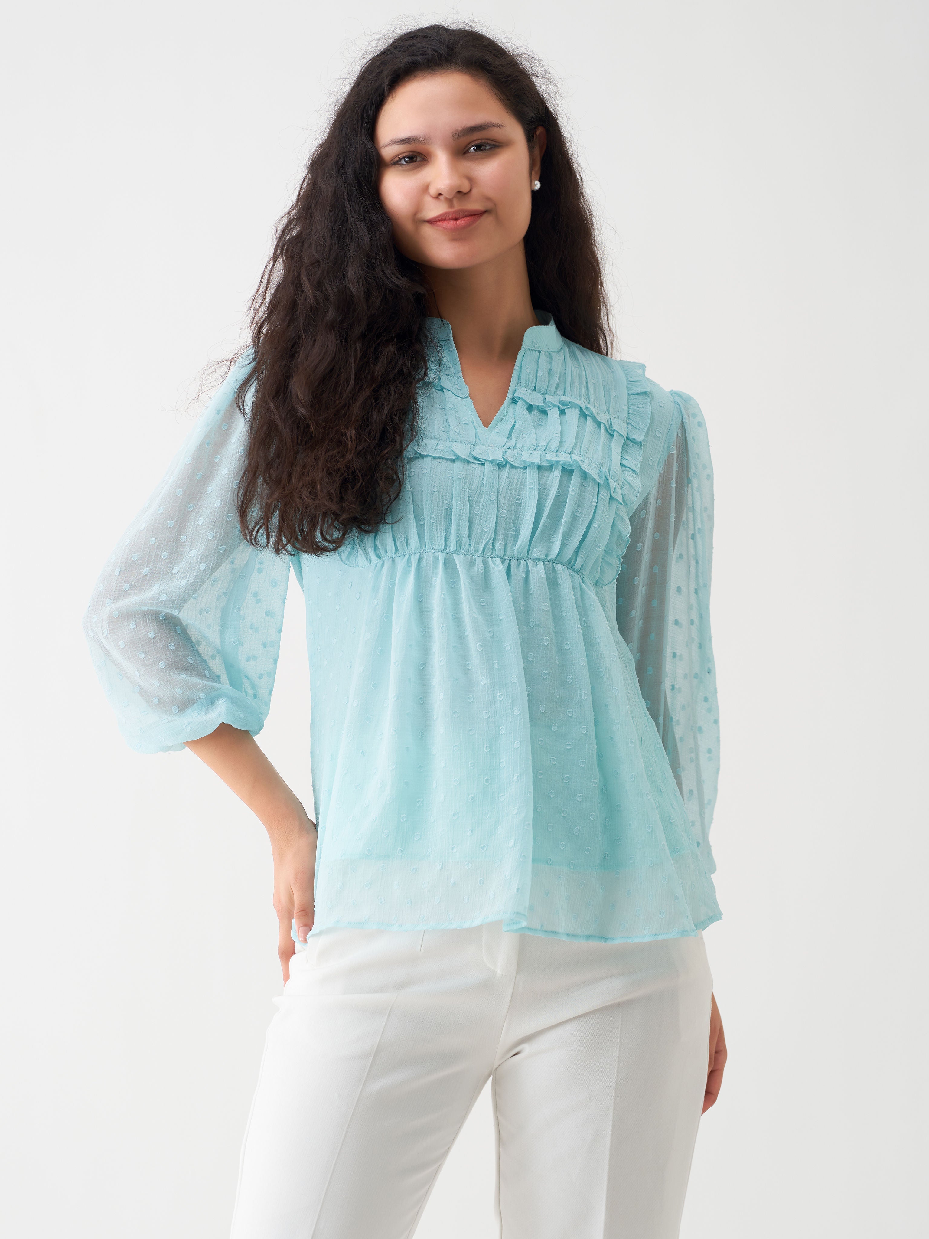 Light Blue Chiffon Swiss Dot V-Neck Tunic Top