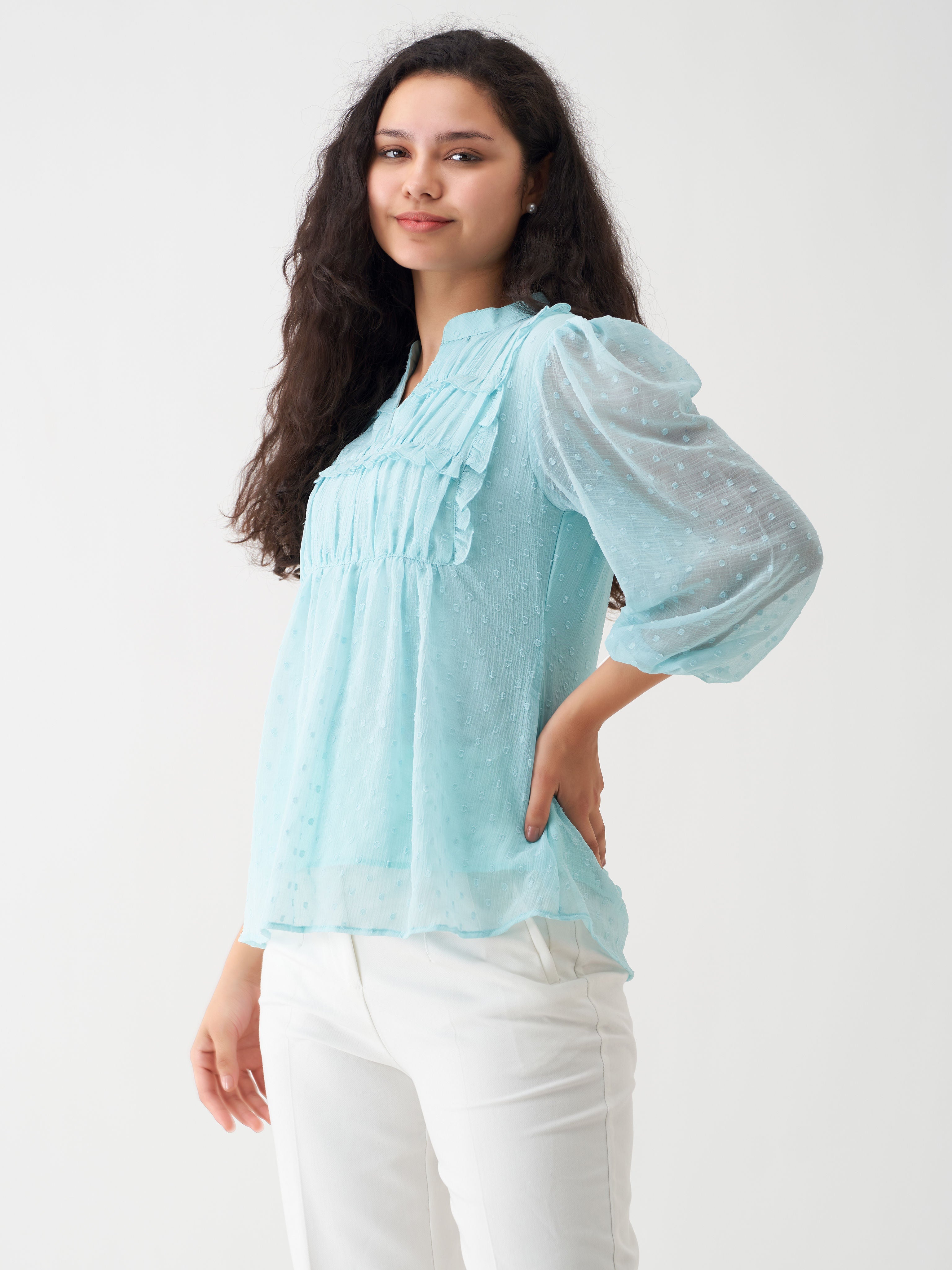 Light Blue Chiffon Swiss Dot V-Neck Tunic Top