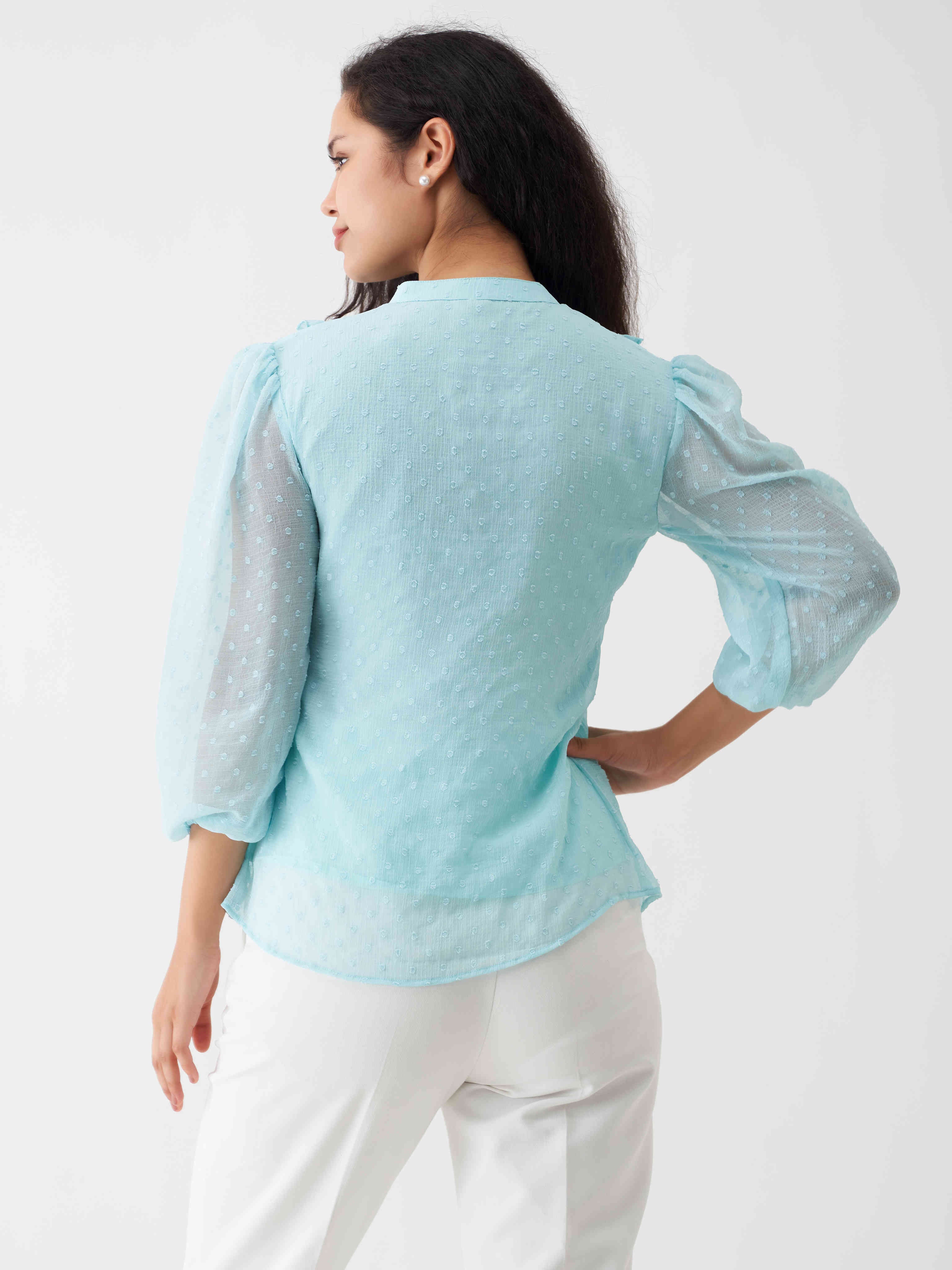 Light Blue Chiffon Swiss Dot V-Neck Tunic Top