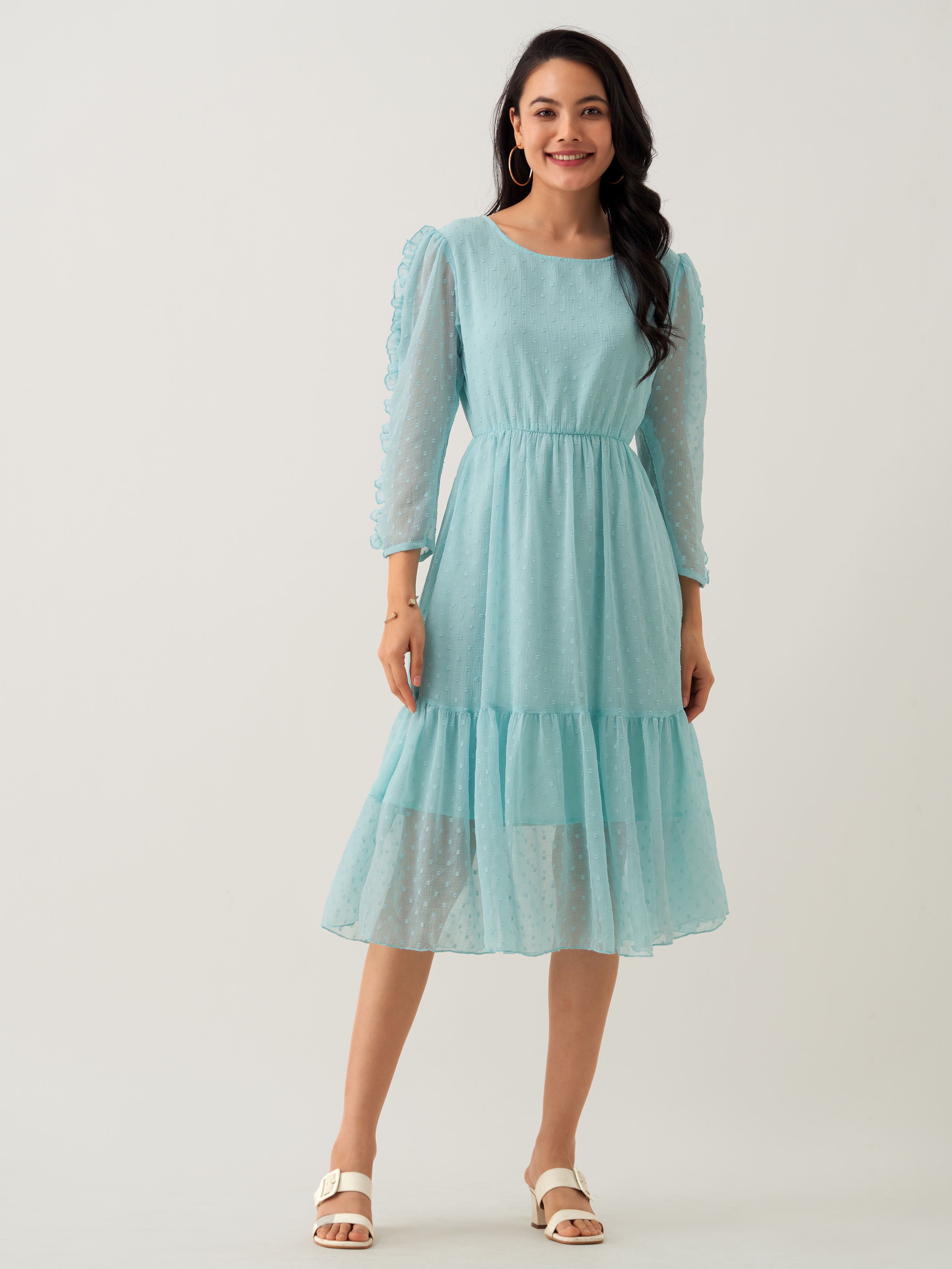 Light Blue Chiffon Brasso Swiss Dot Round Neck Dress