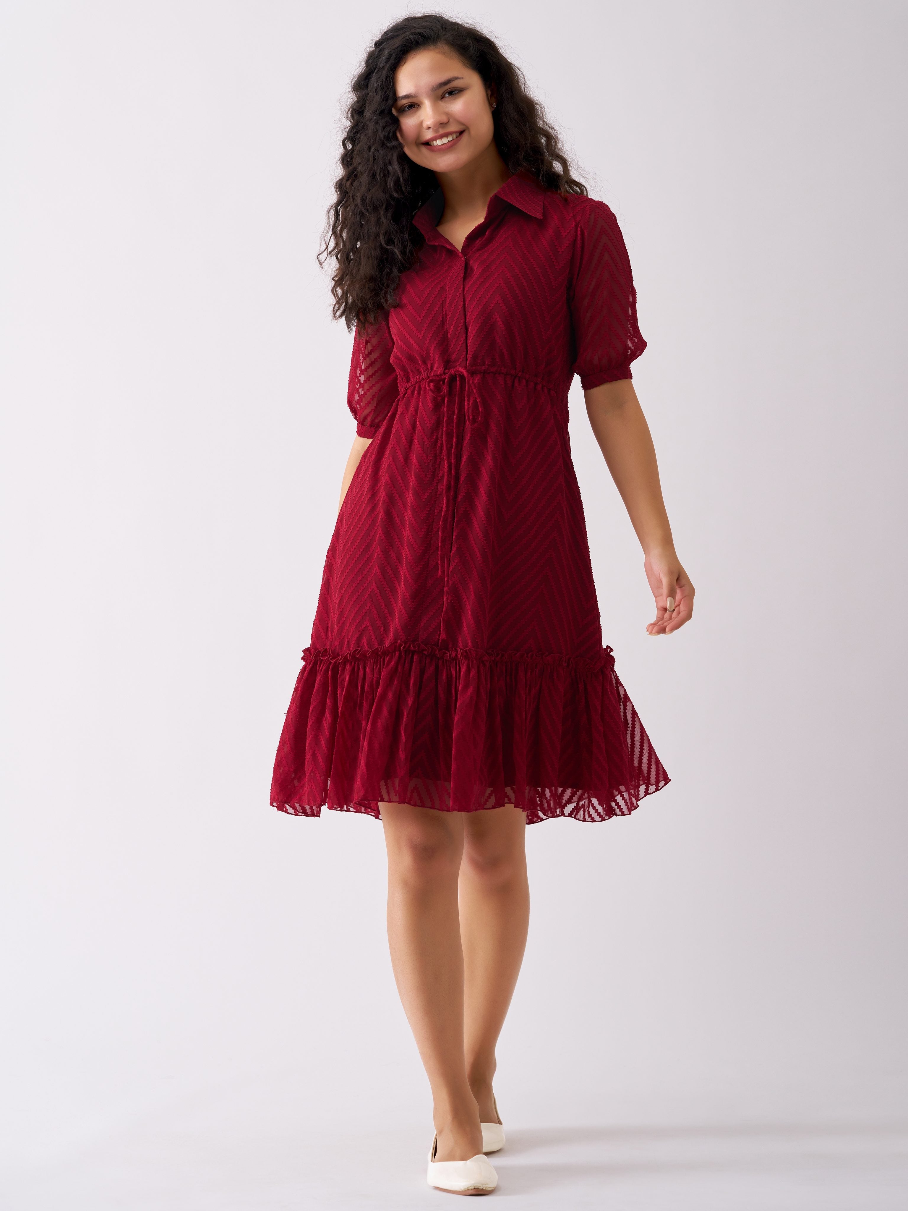 Maroon Oak Chiffon Brasso Swiss Dot Point Collar Dress