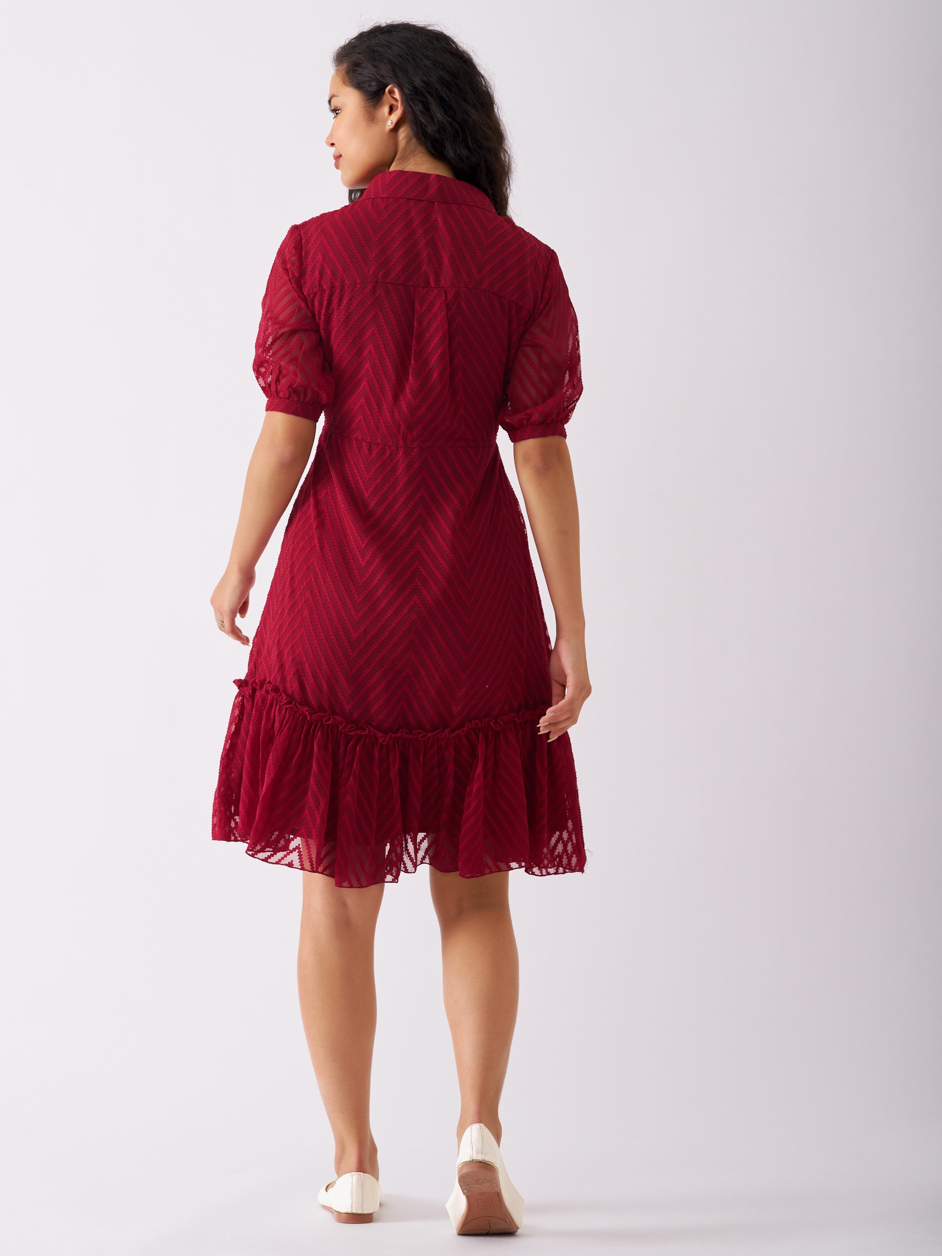 Maroon Oak Chiffon Brasso Swiss Dot Point Collar Dress