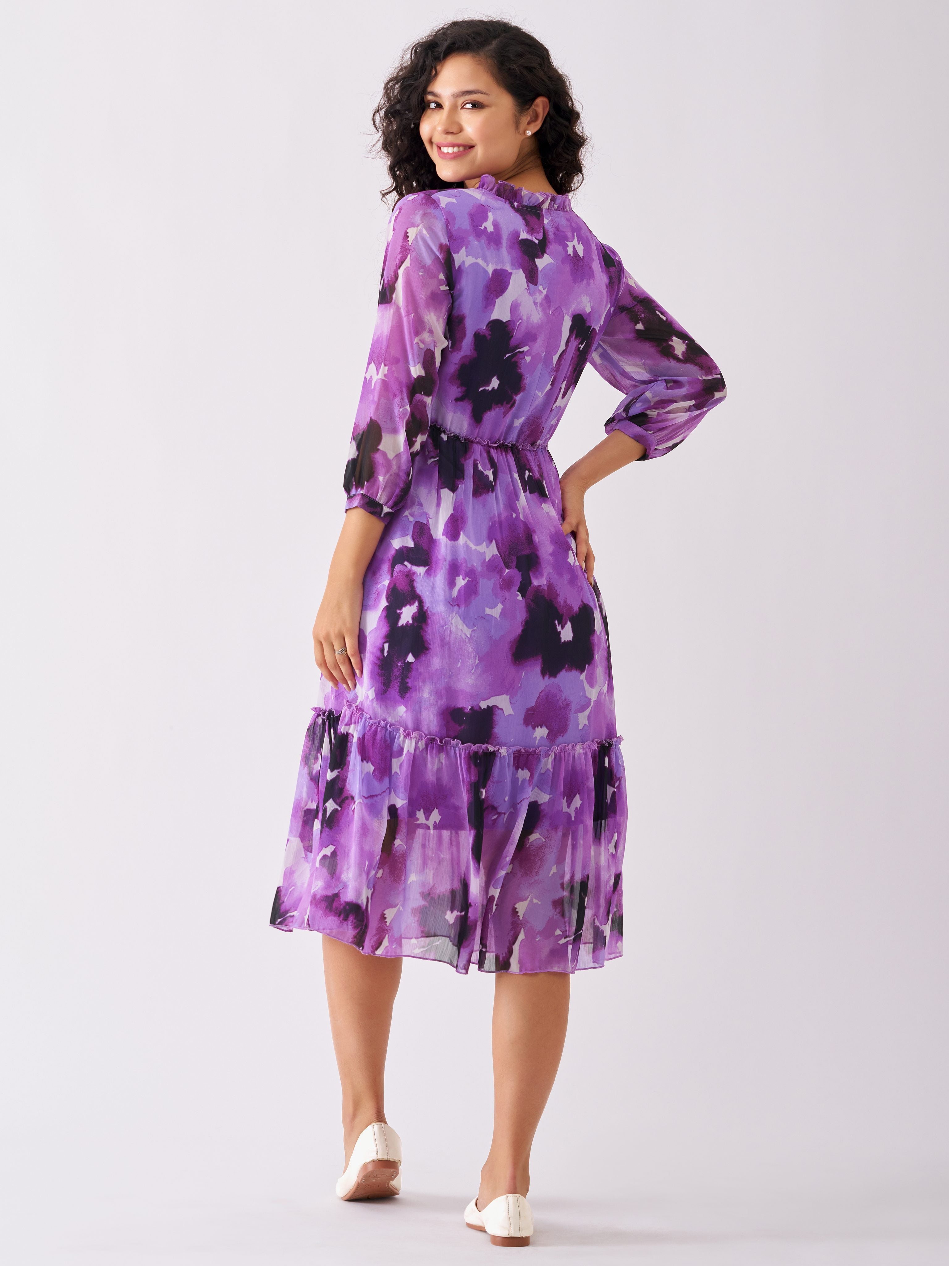 Purple Chiffon Swiss Dot V-Neck Dress