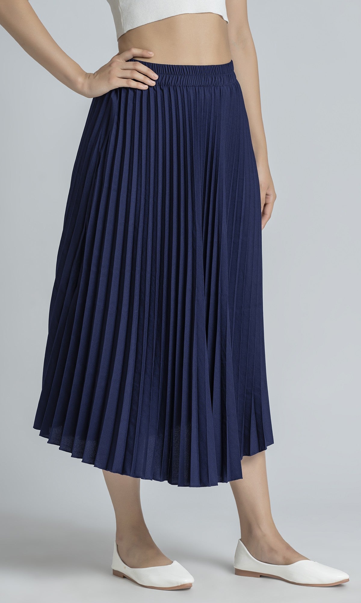 StyleInstant Soild Navy Blue Pleated Skirt