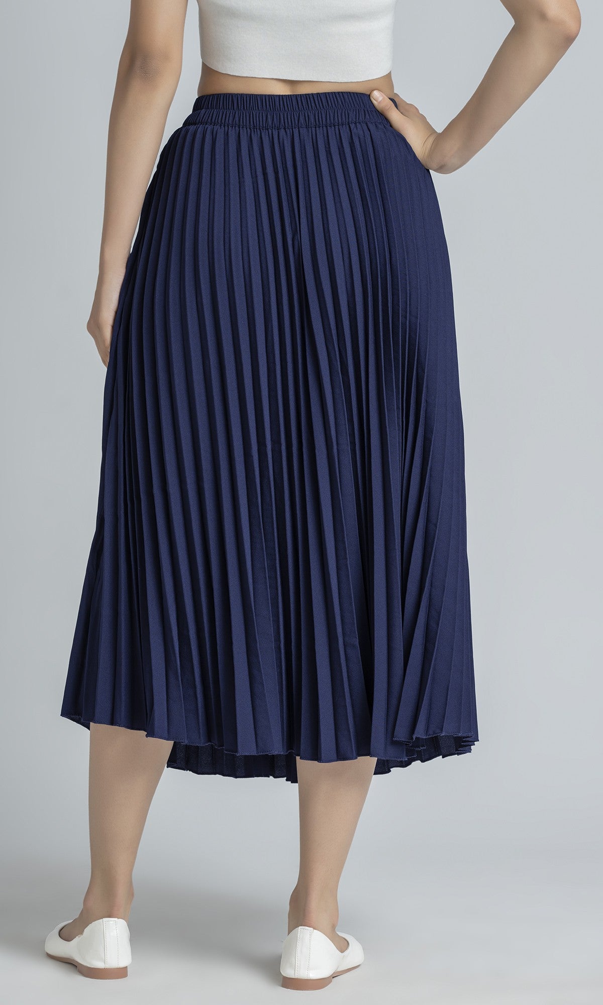 StyleInstant Soild Navy Blue Pleated Skirt