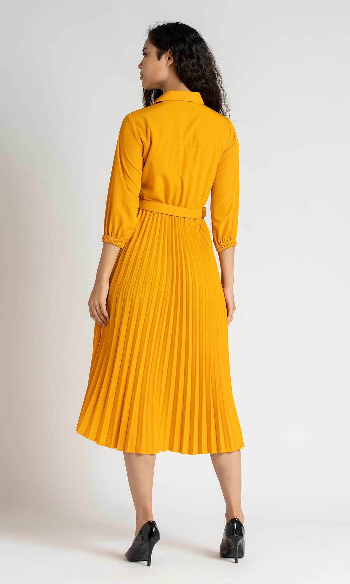 Women Yellow Collared Neck Pleated Midi/Calf Length Dress