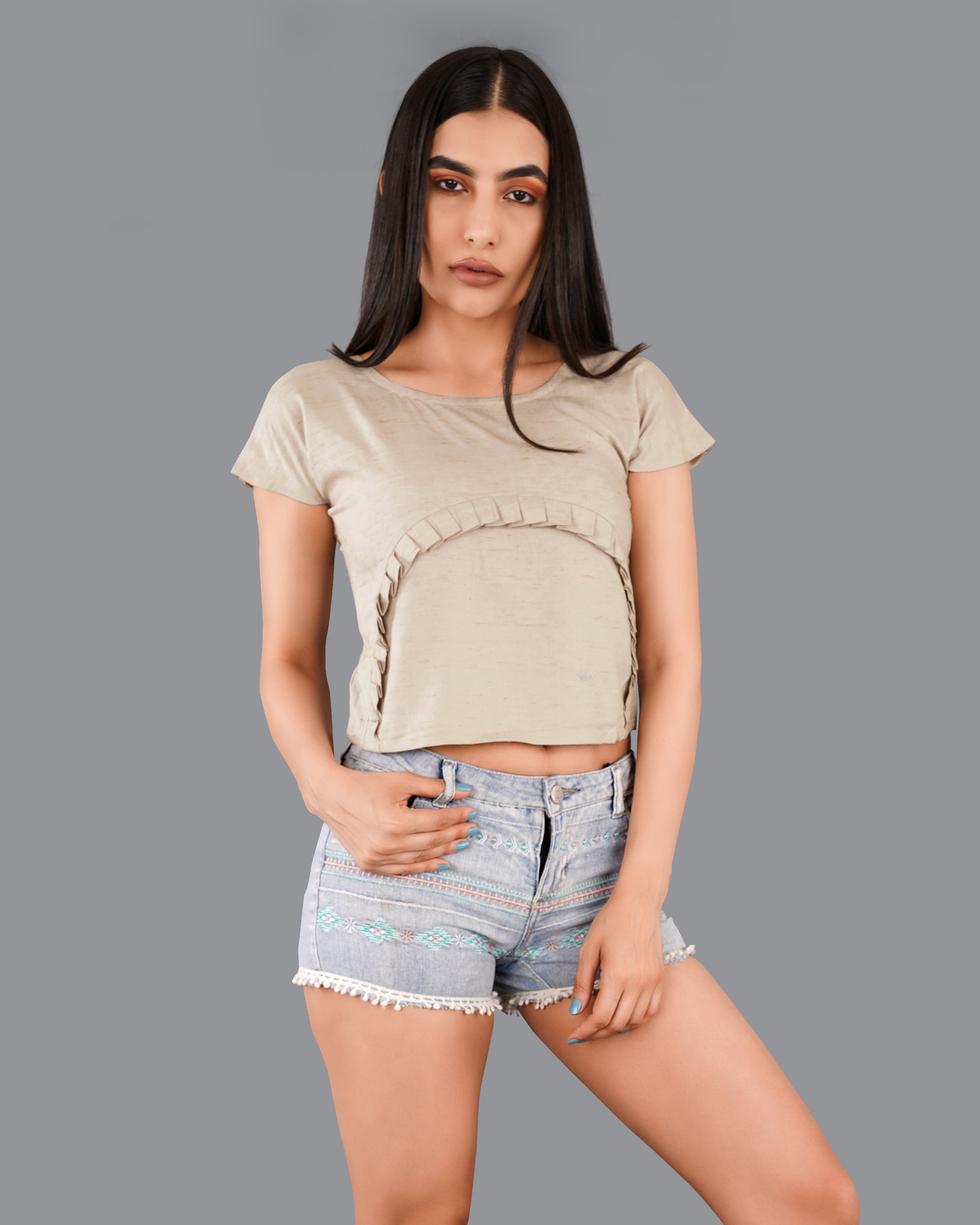 Style Instant-Amber Brown Crop Top With Pleated Premium Cotton