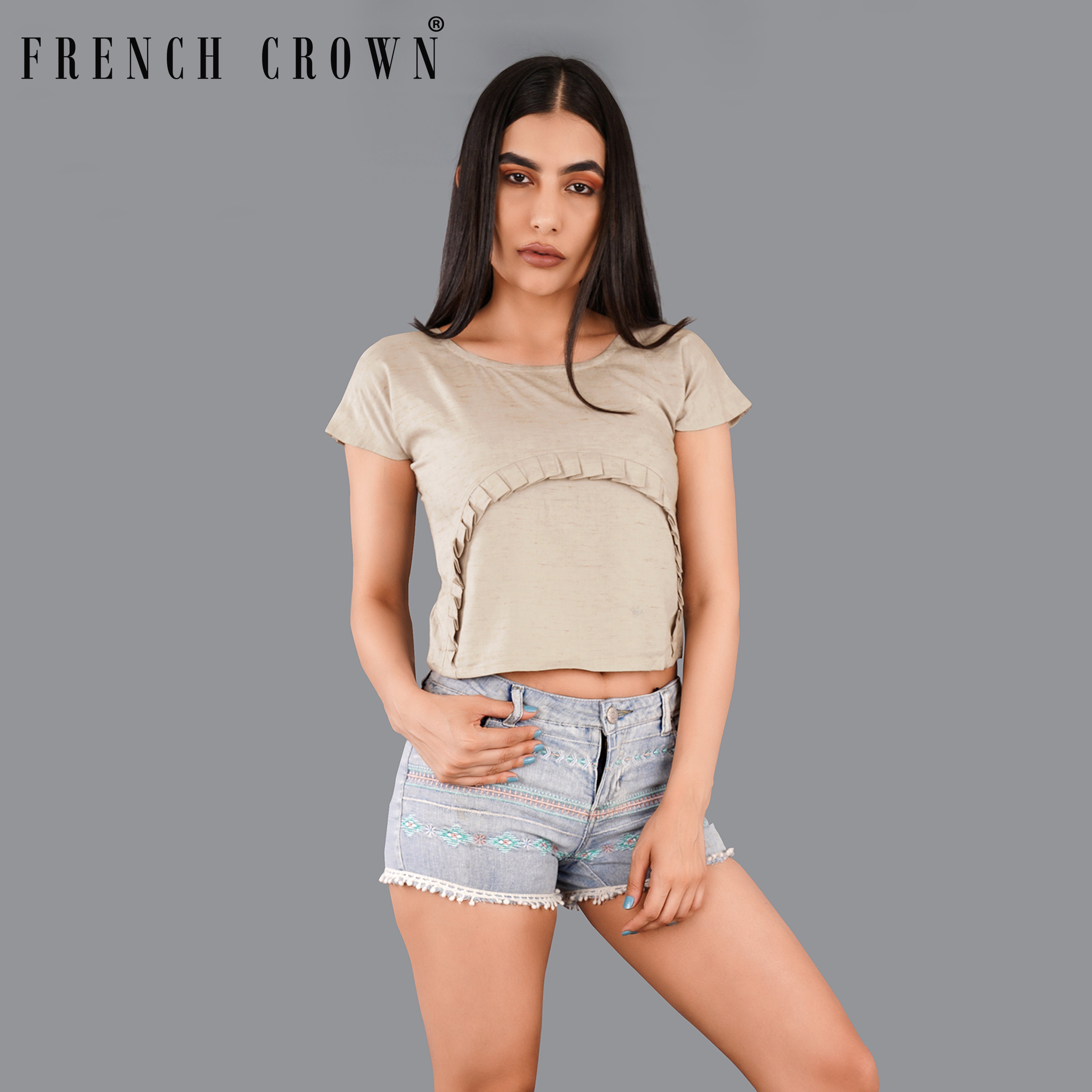 Style Instant-Amber Brown Crop Top With Pleated Premium Cotton