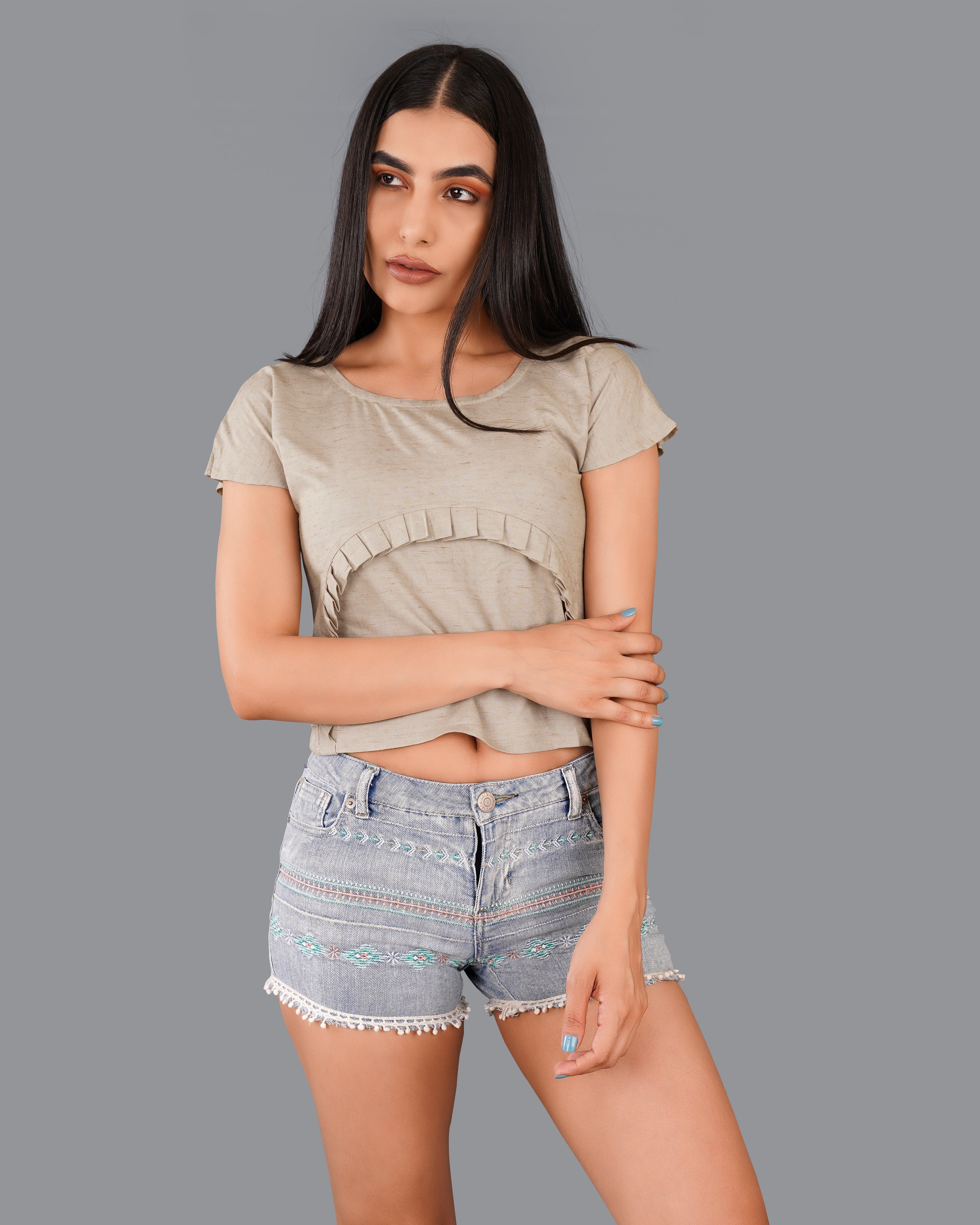 Style Instant-Amber Brown Crop Top With Pleated Premium Cotton