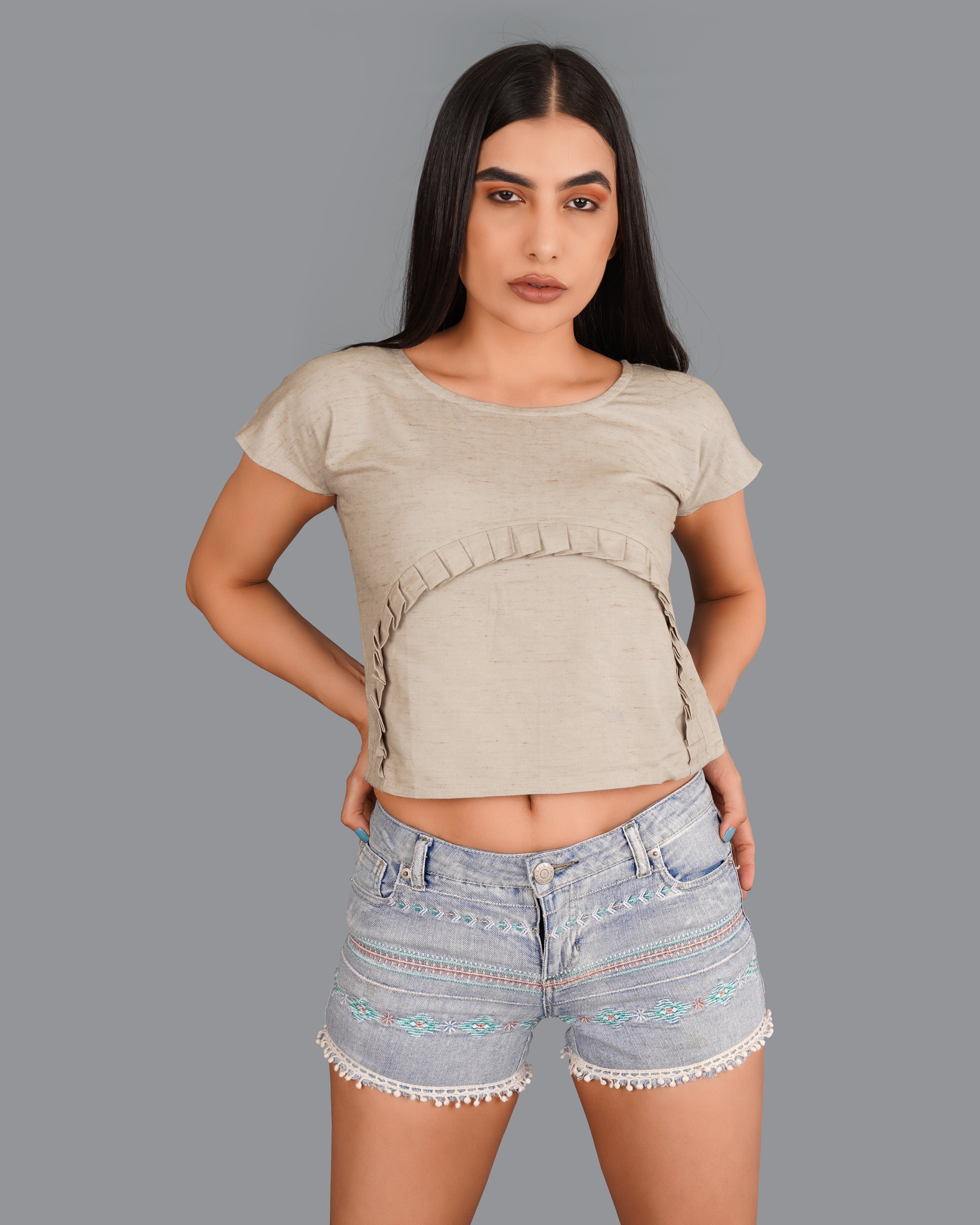 Style Instant-Amber Brown Crop Top With Pleated Premium Cotton