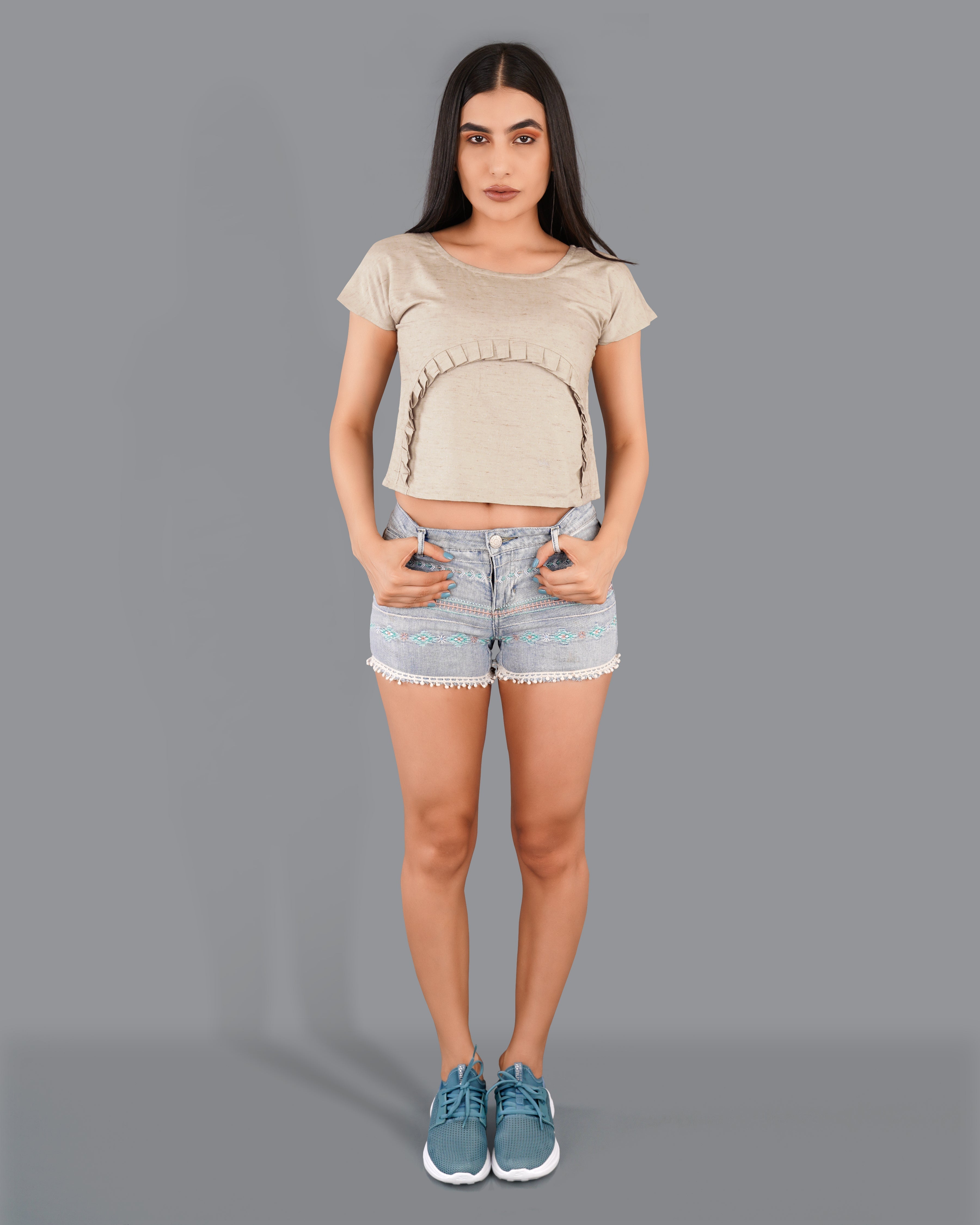 Style Instant-Amber Brown Crop Top With Pleated Premium Cotton