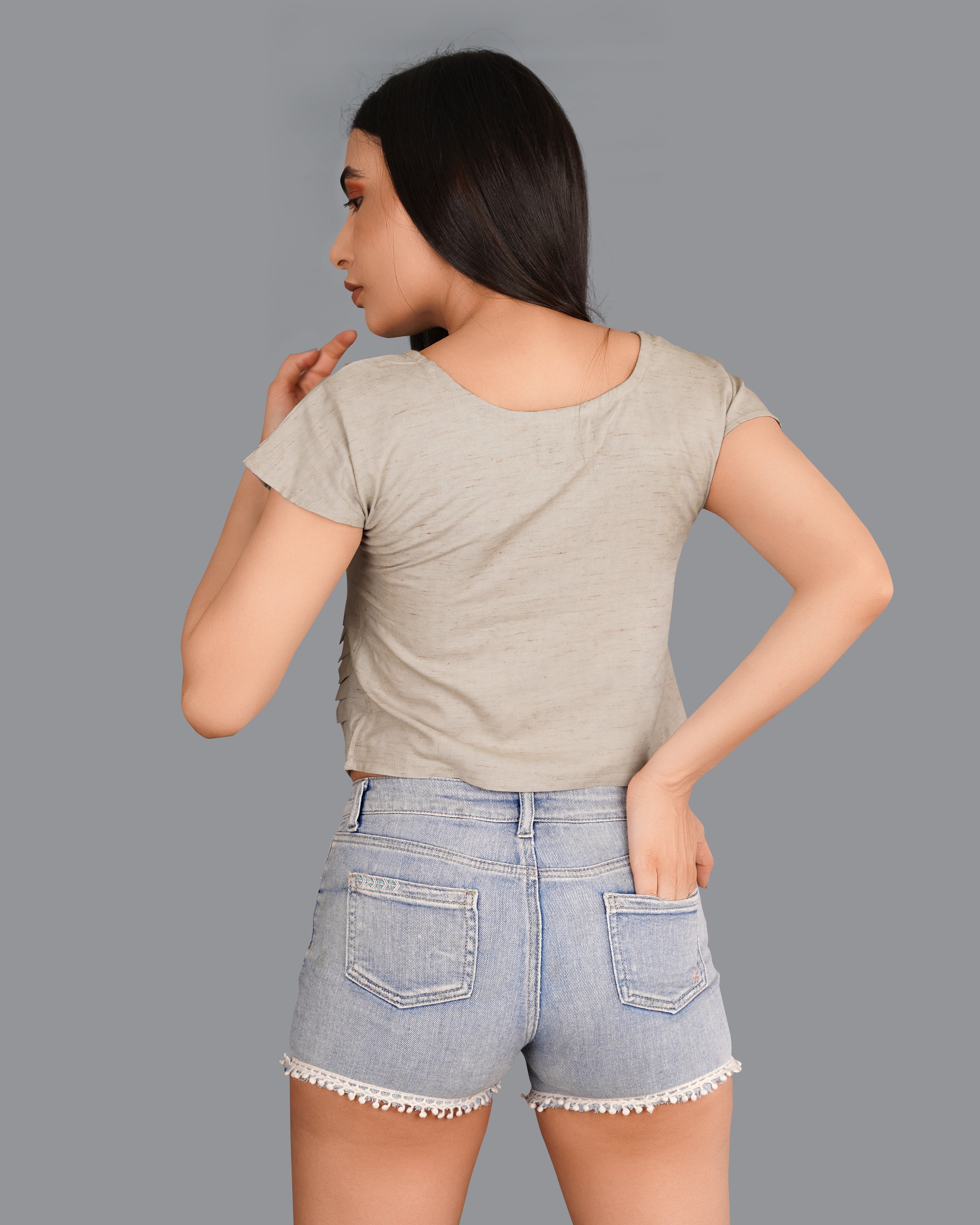 Style Instant-Amber Brown Crop Top With Pleated Premium Cotton