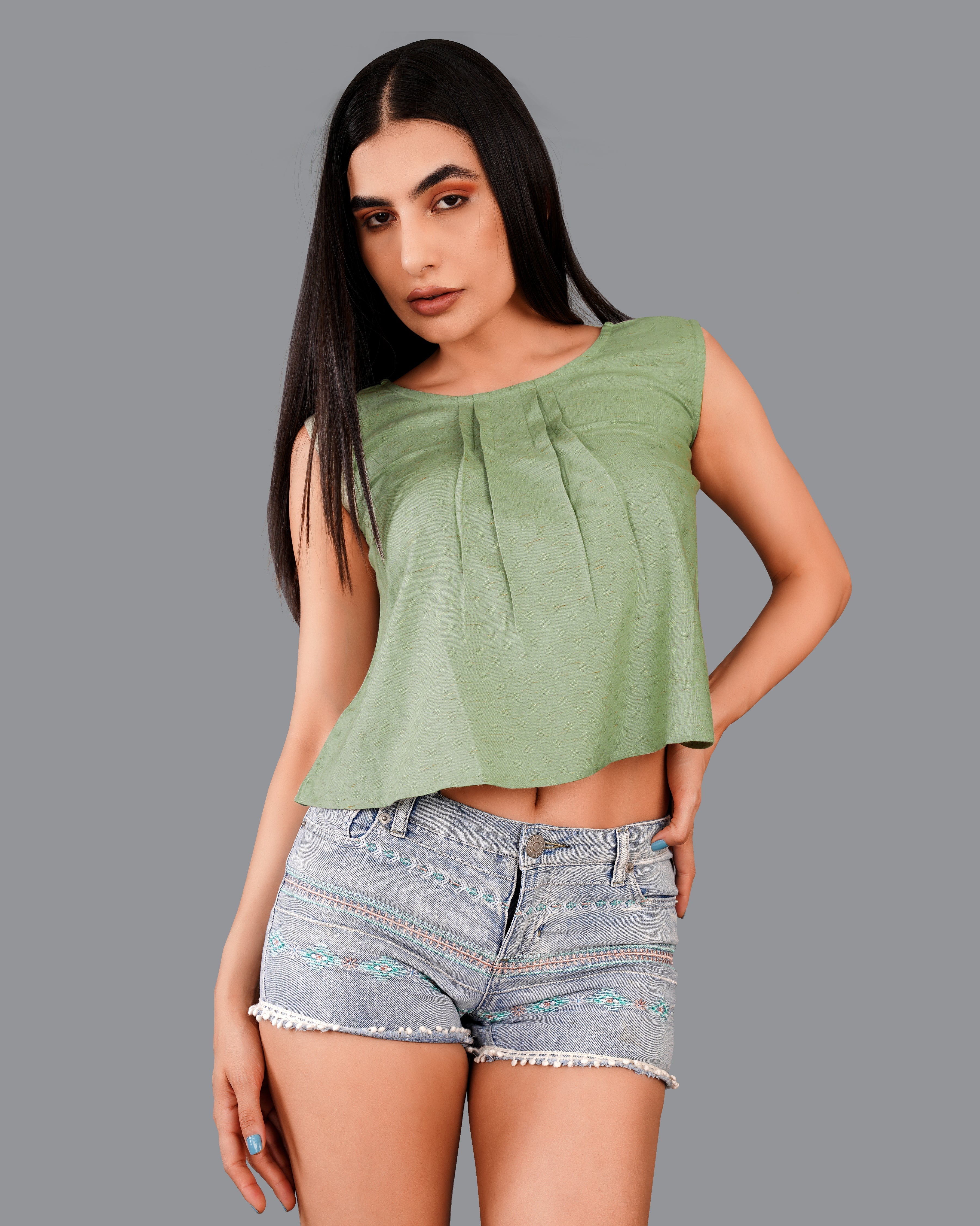 Style Instant-Asparagus Green Premium Cotton Crop Top