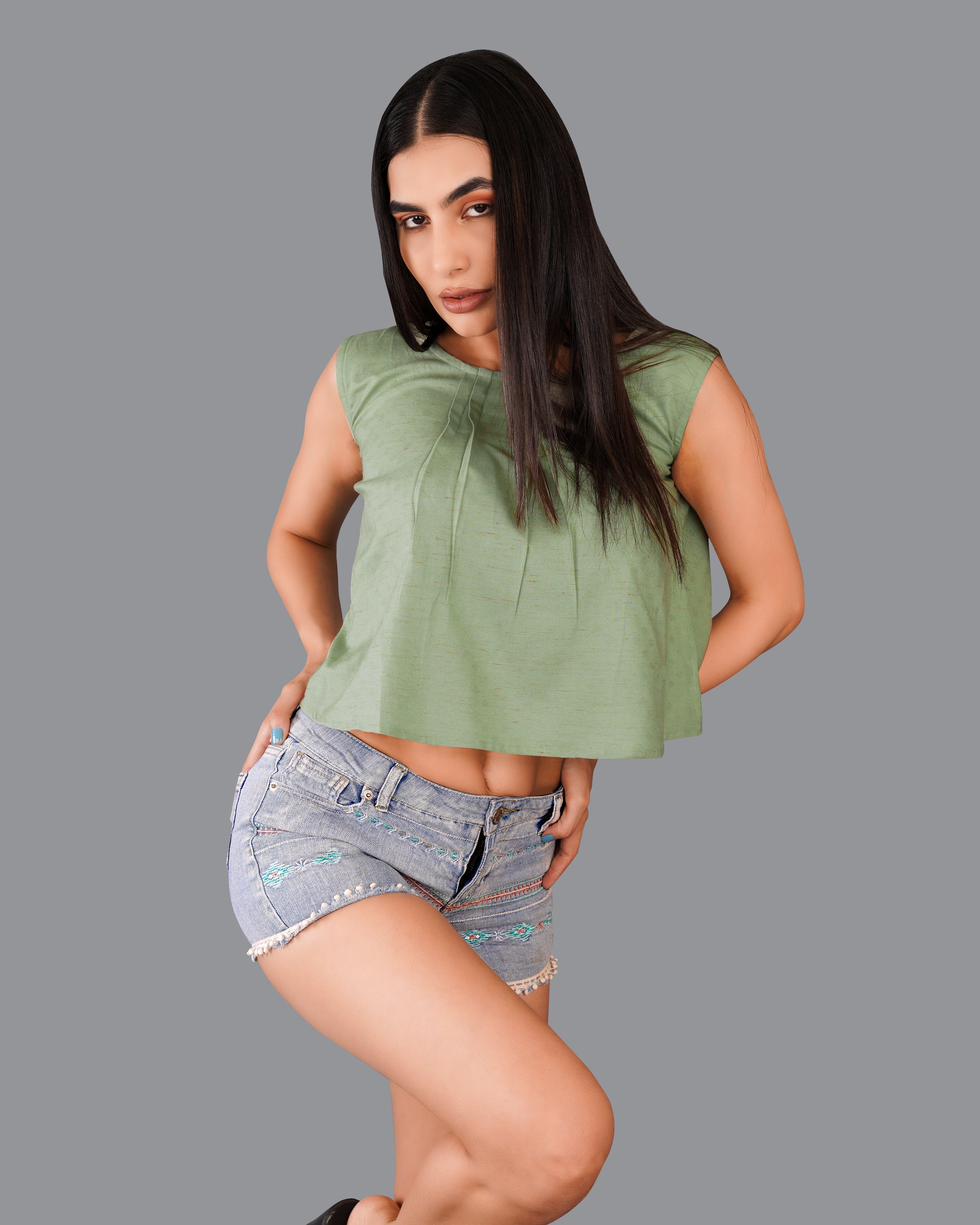 Style Instant-Asparagus Green Premium Cotton Crop Top