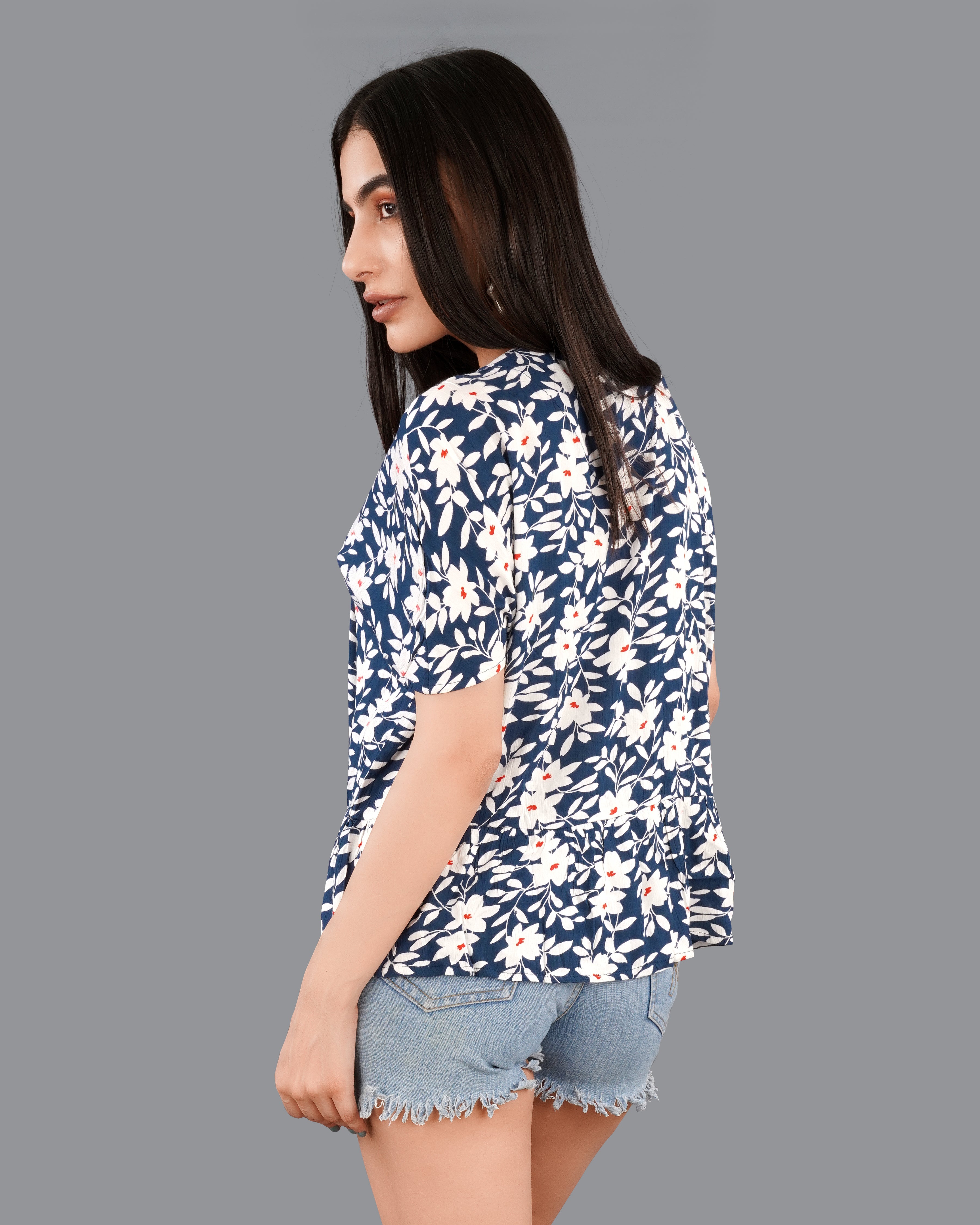 Style Instant-Rhino Blue with Merino Cream Floral Printed Shrug