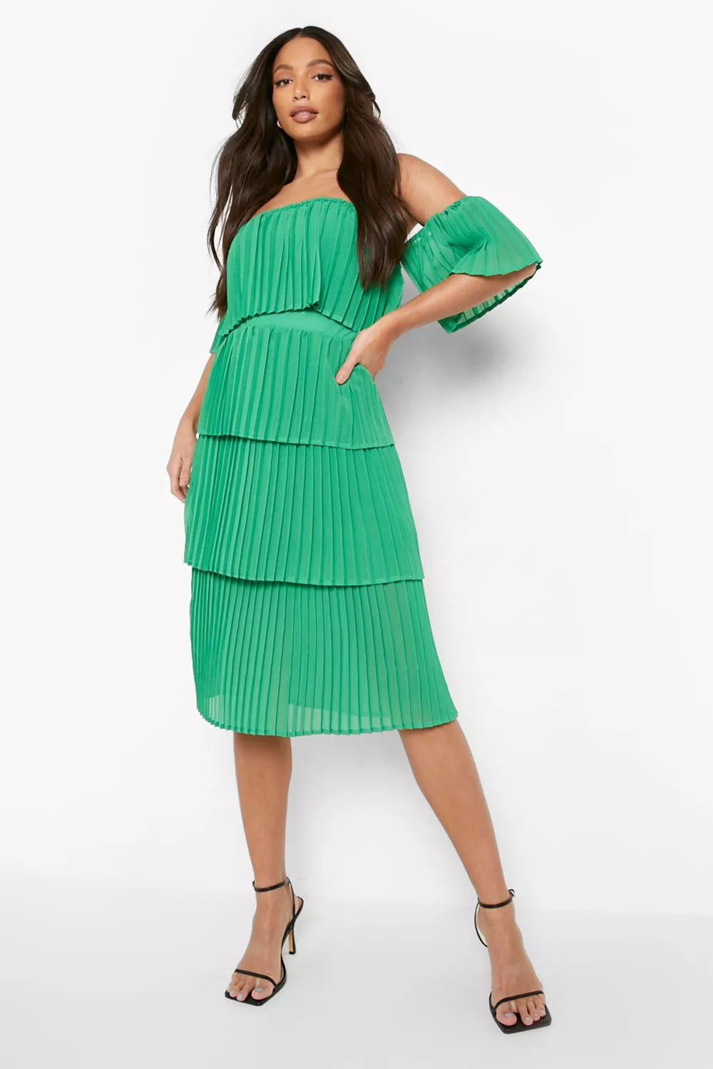 Female Green Tall Pleated Off Shoulder Occasion Dress