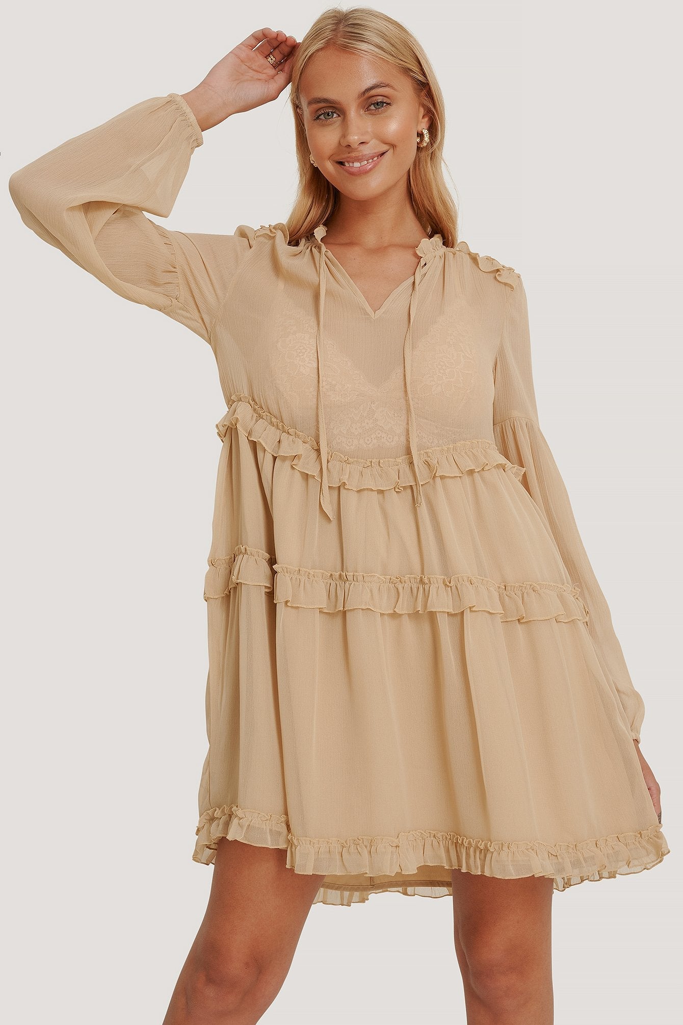 Brown Multi Frills Chiffon Dress