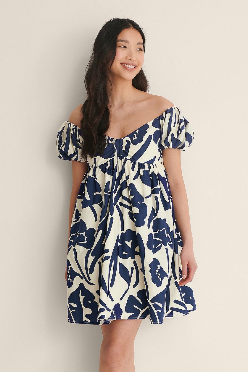 Blue Off Shoulder Mini Cotton Dress