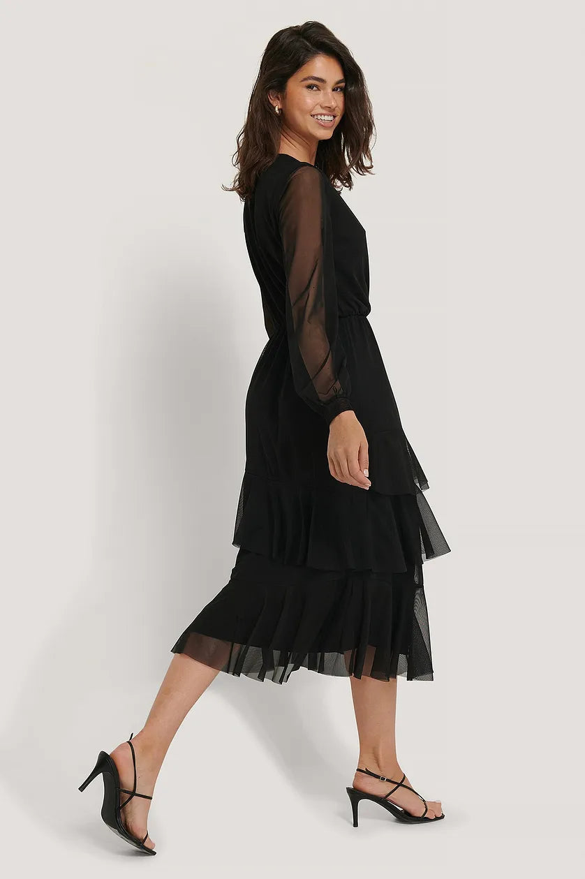 Black Neck Overlap Mesh Dress