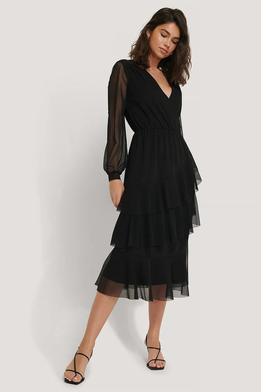 Black Neck Overlap Mesh Dress