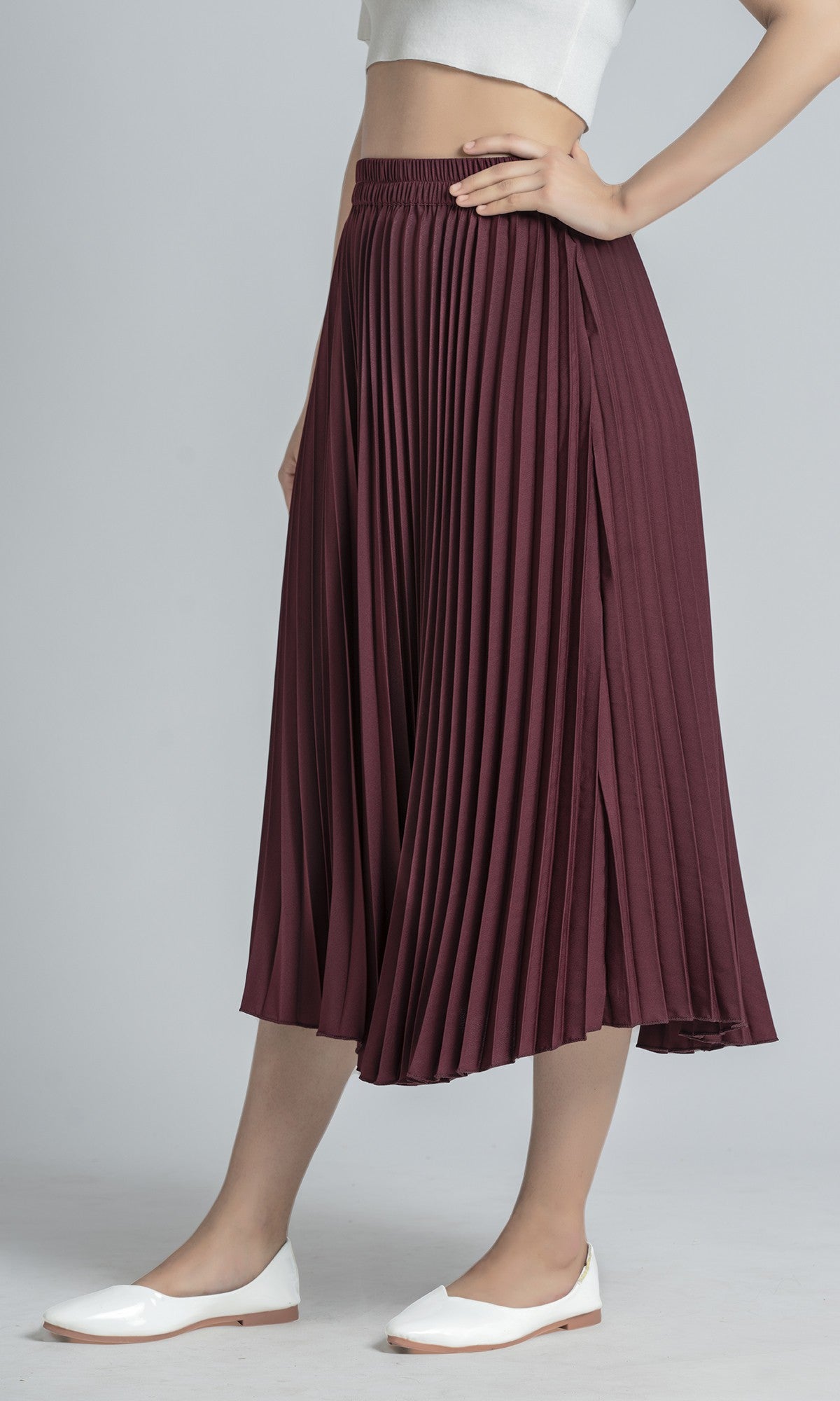 StyleInstant Soild Brown Pleated Skirt