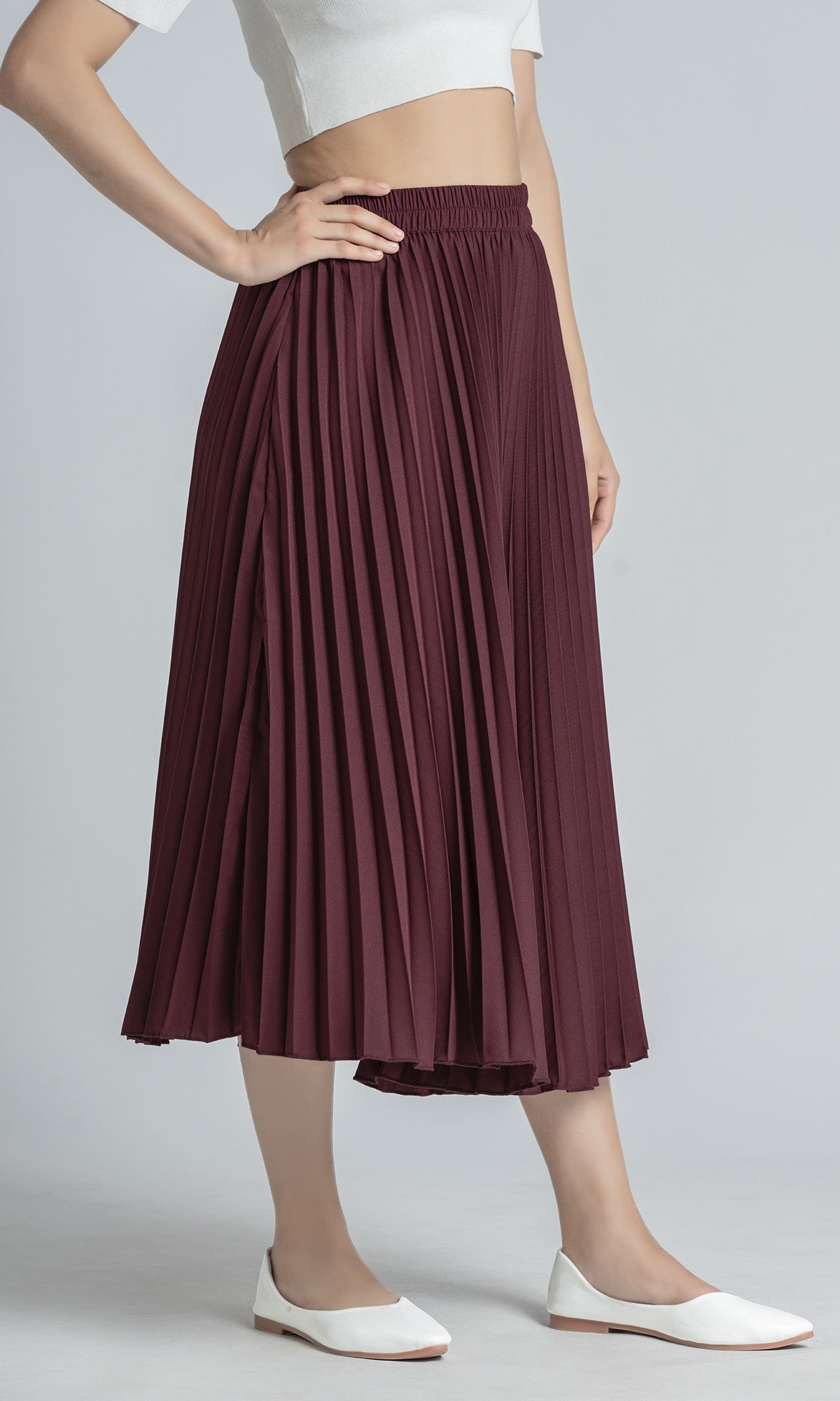 StyleInstant Soild Brown Pleated Skirt