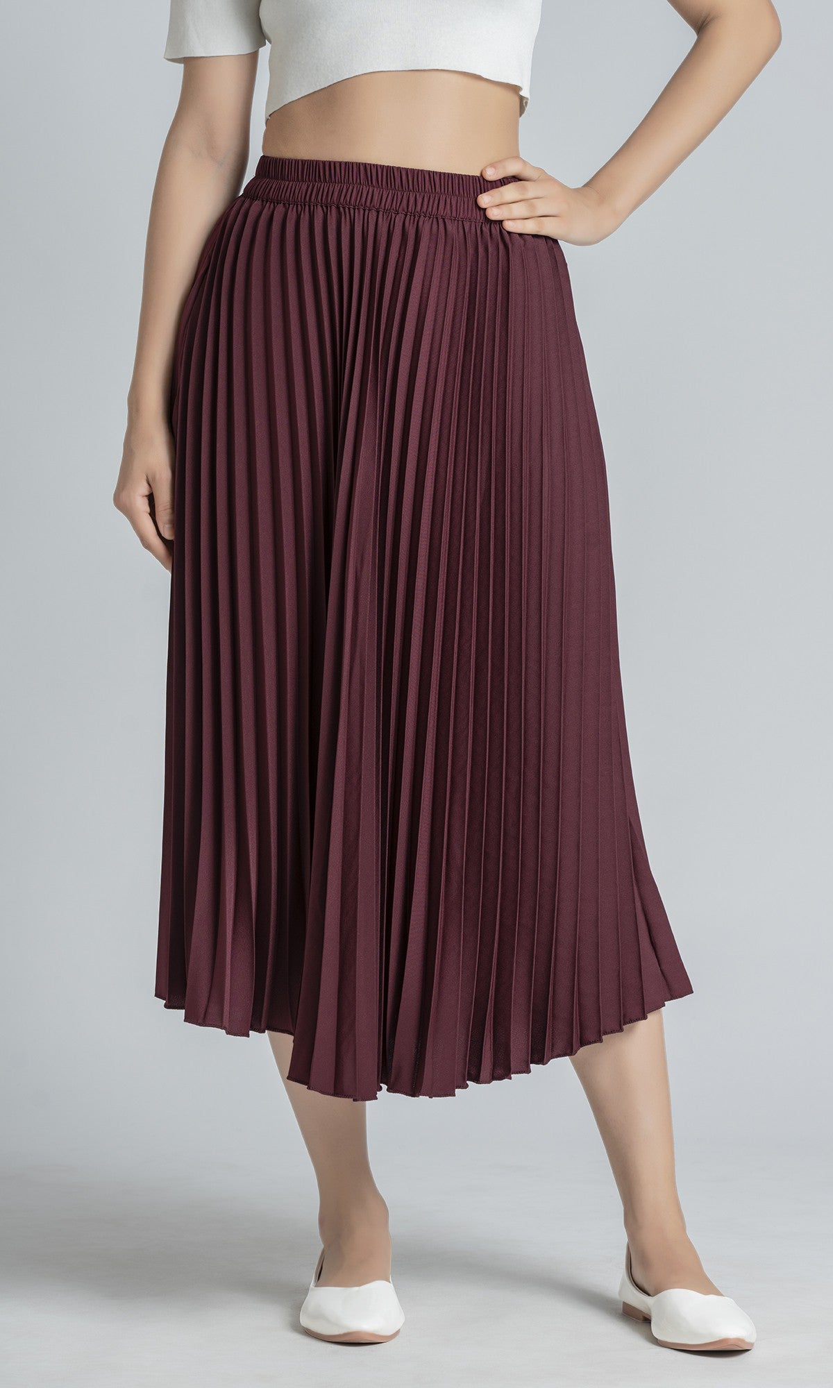 StyleInstant Soild Brown Pleated Skirt