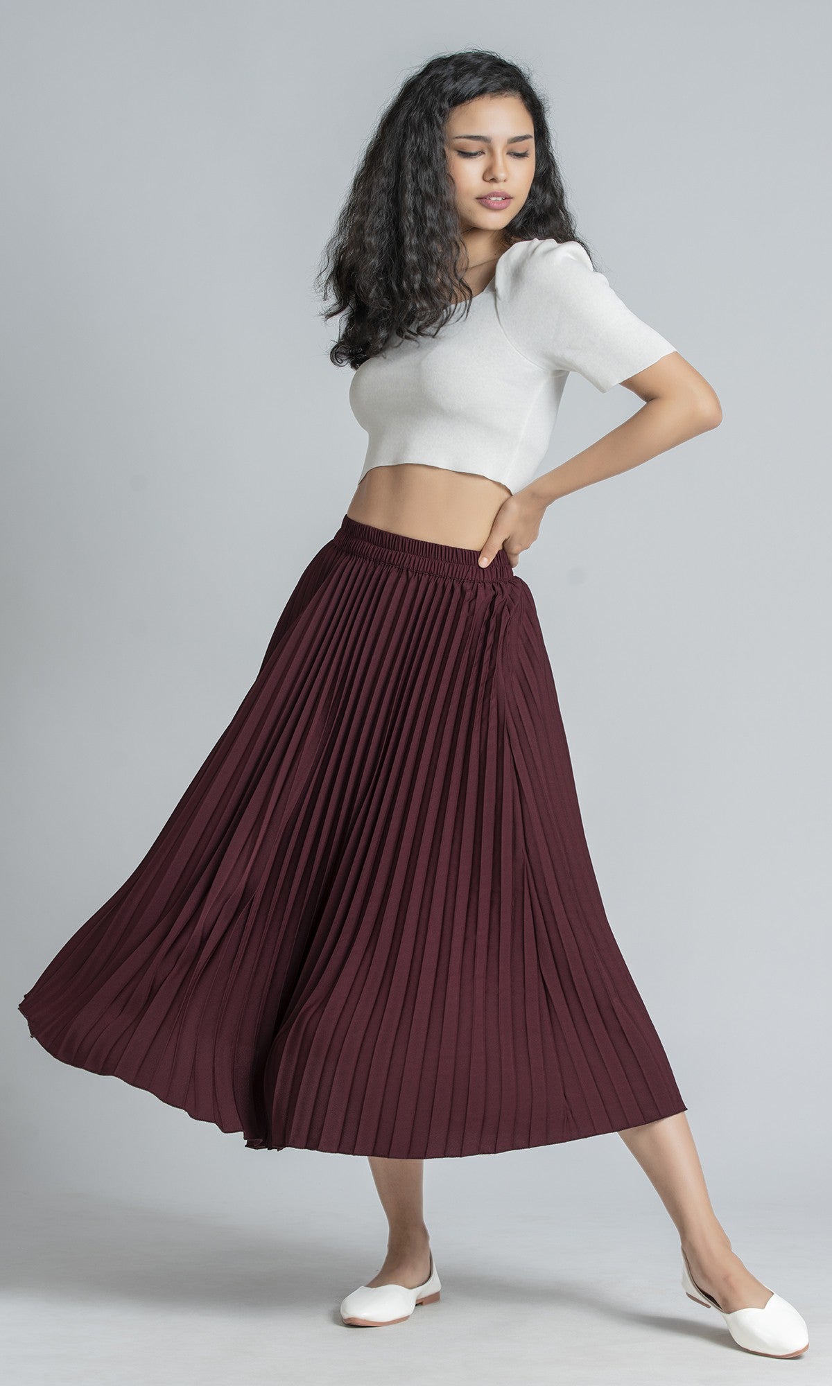 StyleInstant Soild Brown Pleated Skirt