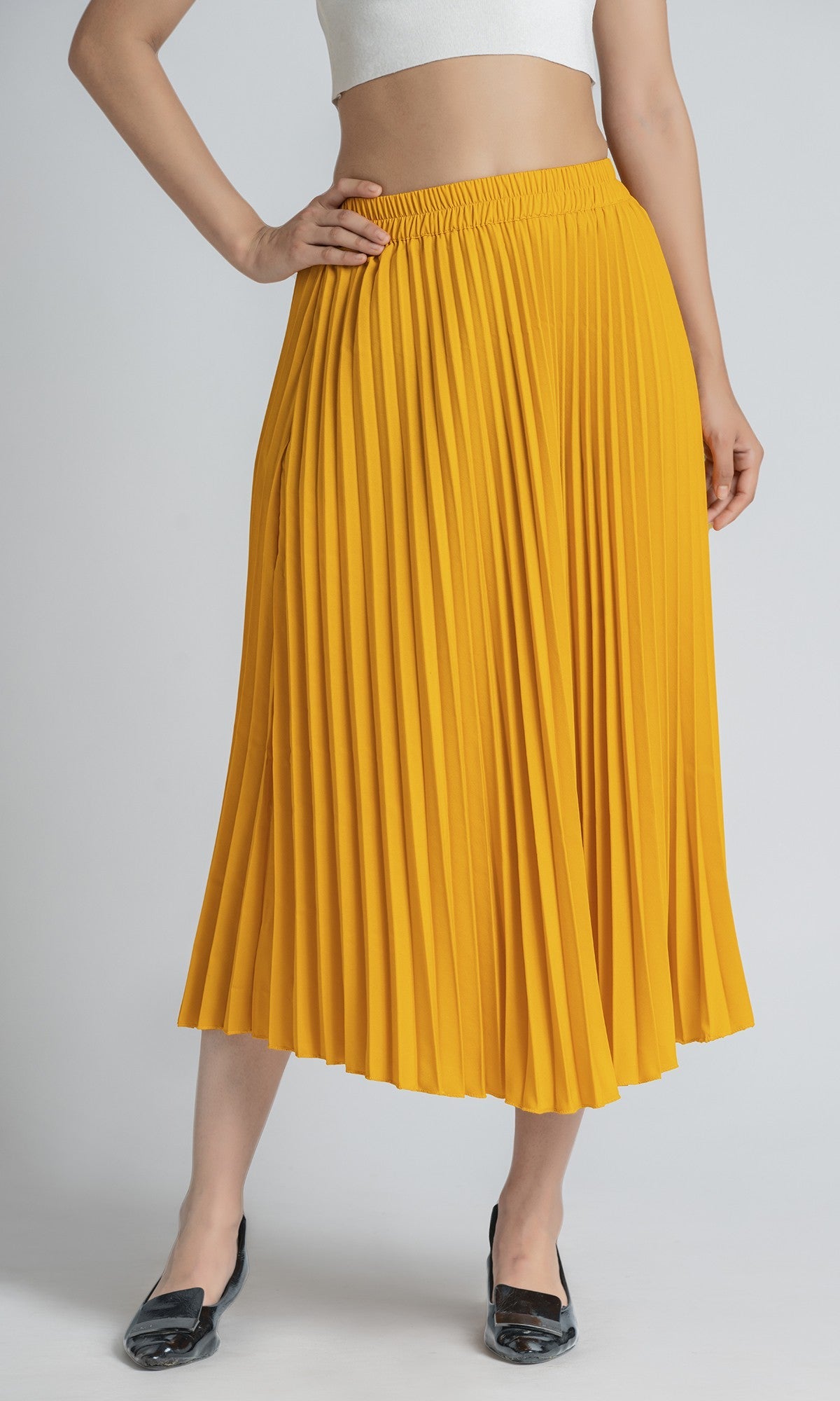 StyleInstant Soild Yellow Pleated Skirt