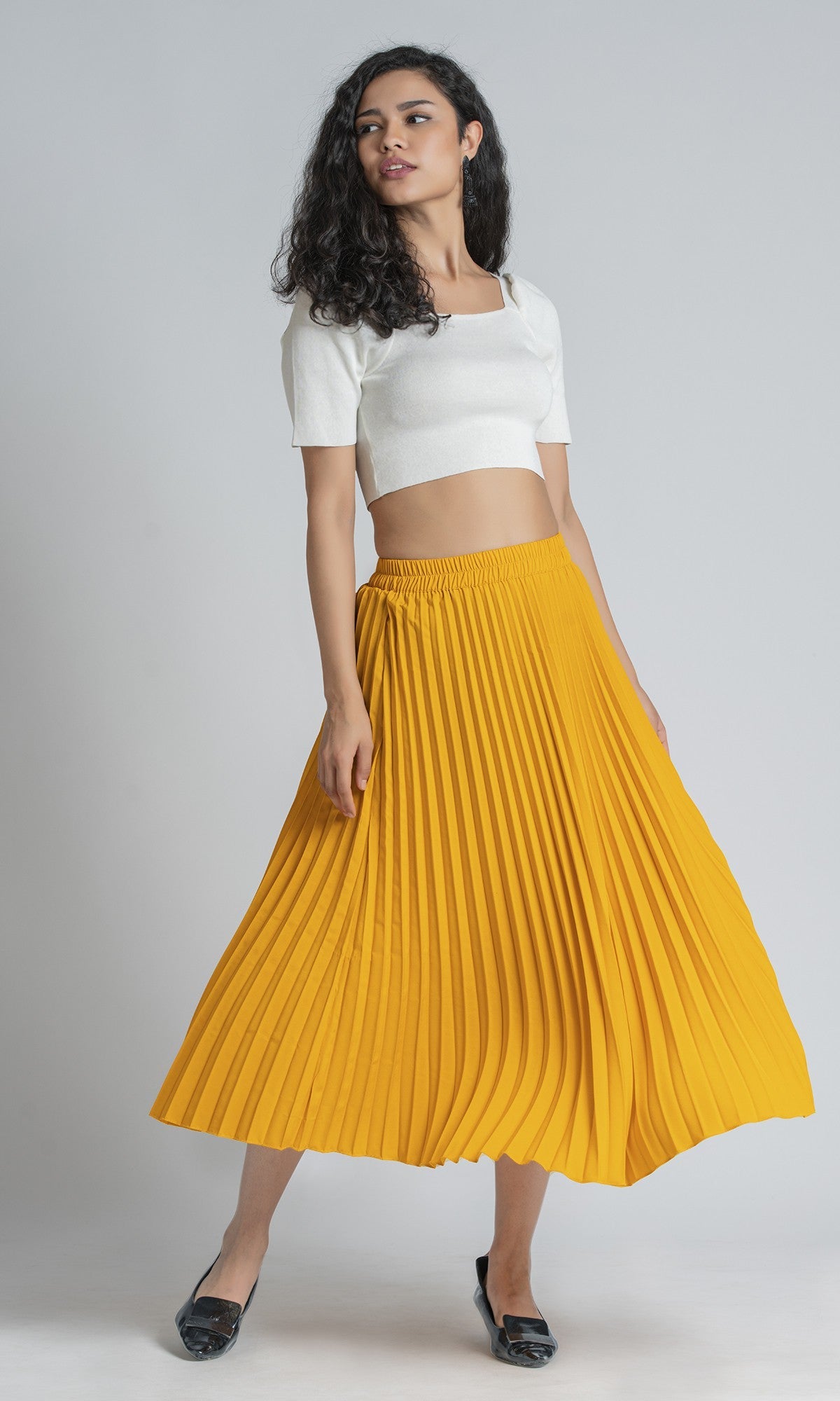 StyleInstant Soild Yellow Pleated Skirt