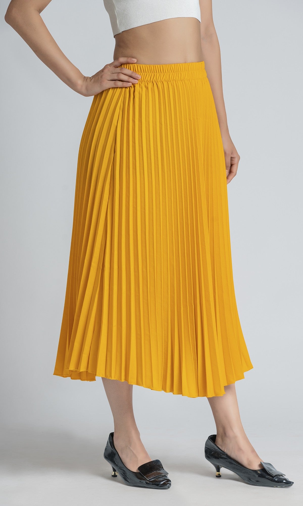 StyleInstant Soild Yellow Pleated Skirt