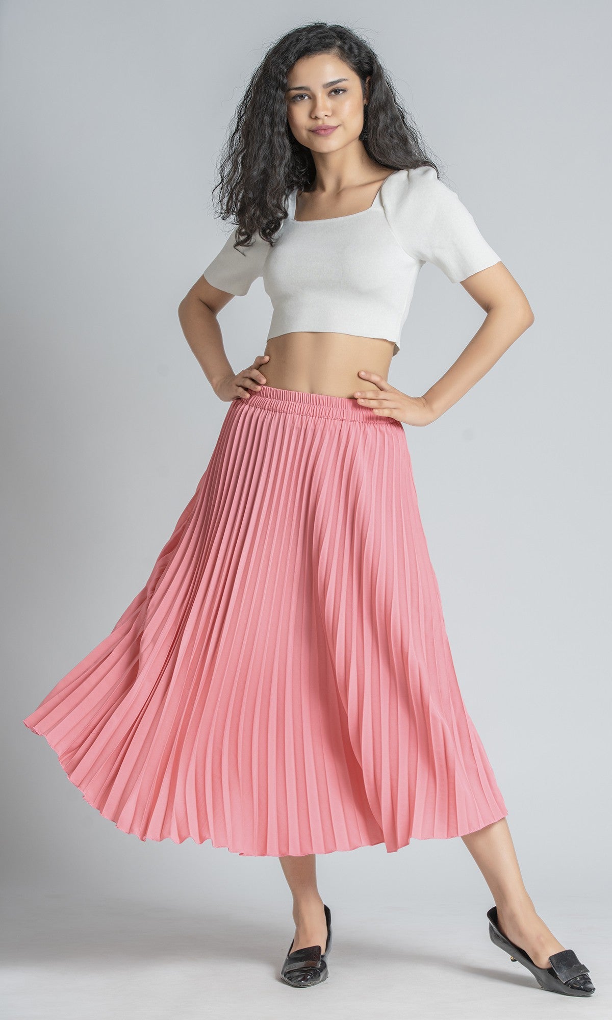 StyleInstant Soild Pink Pleated Skirt